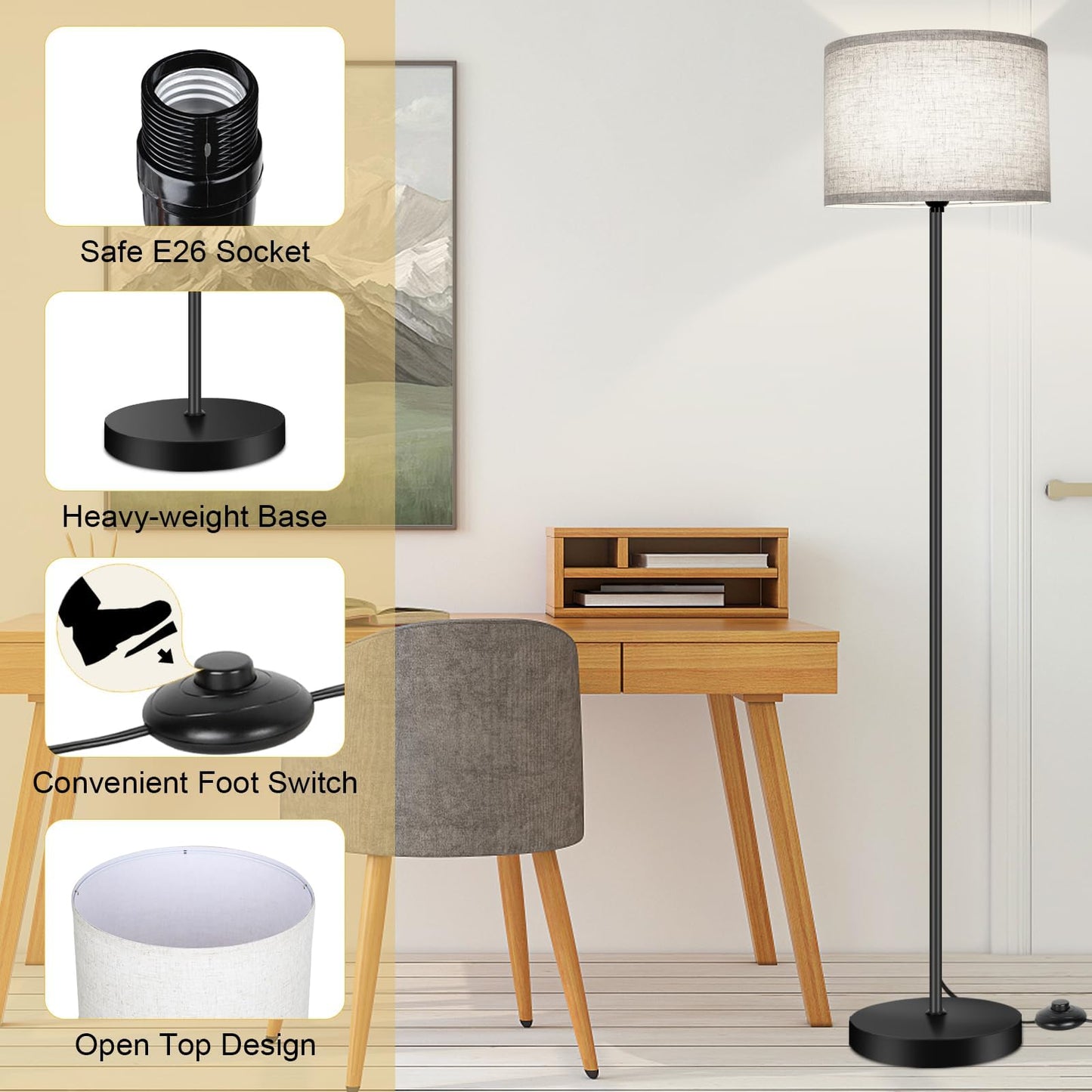 TOBUSA Floor Lamp for Living Room Bedroom with 3CCT LED Bulb, Modern Standing Lamp Drum Shade, 65’’ Tall with Foot Switch Black Pole, Dimmable Simple Design Stand Up Lamp for Home Office Reading