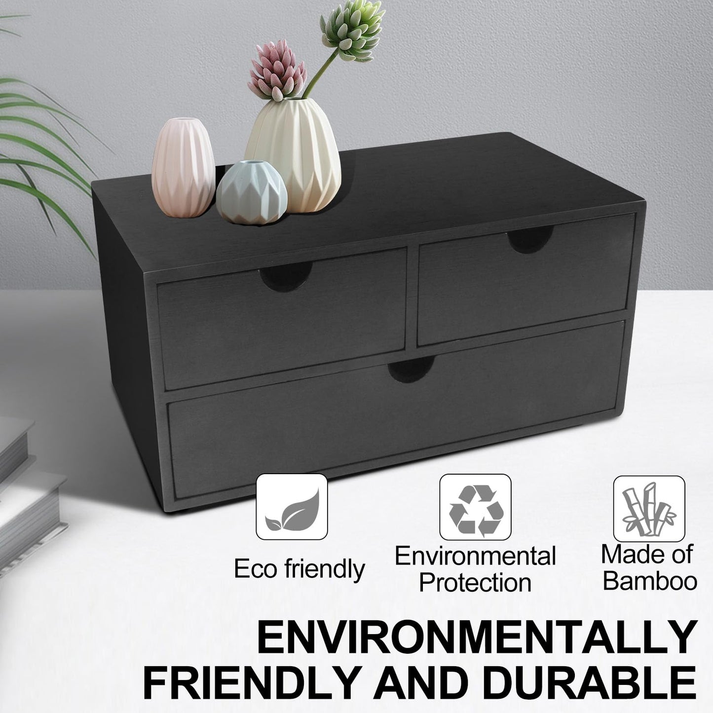 Charmewooden desk organizer with drawers countertop drawer organizer Tabletop Storage Organization Box Home Office Workspace Bathroom Toiletries Supplies (black)