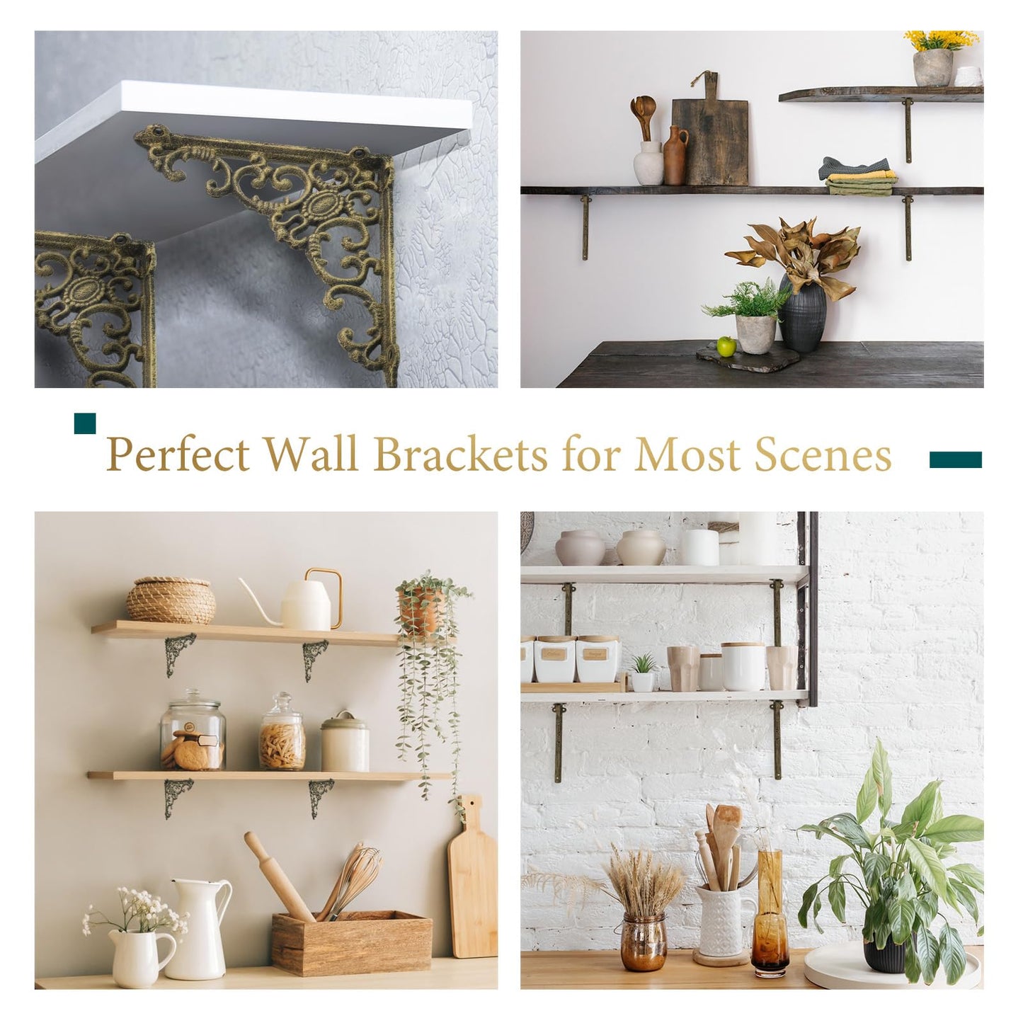 Lounsweer 8 Pcs Heavy Duty Antique Brass Shelf Brackets 8'' Wall Mounted Shelf Brackets Decorative Floating Rack Shelving Hardware for Kitchen Bathroom Home Cabinet Shelves Support (Classic)