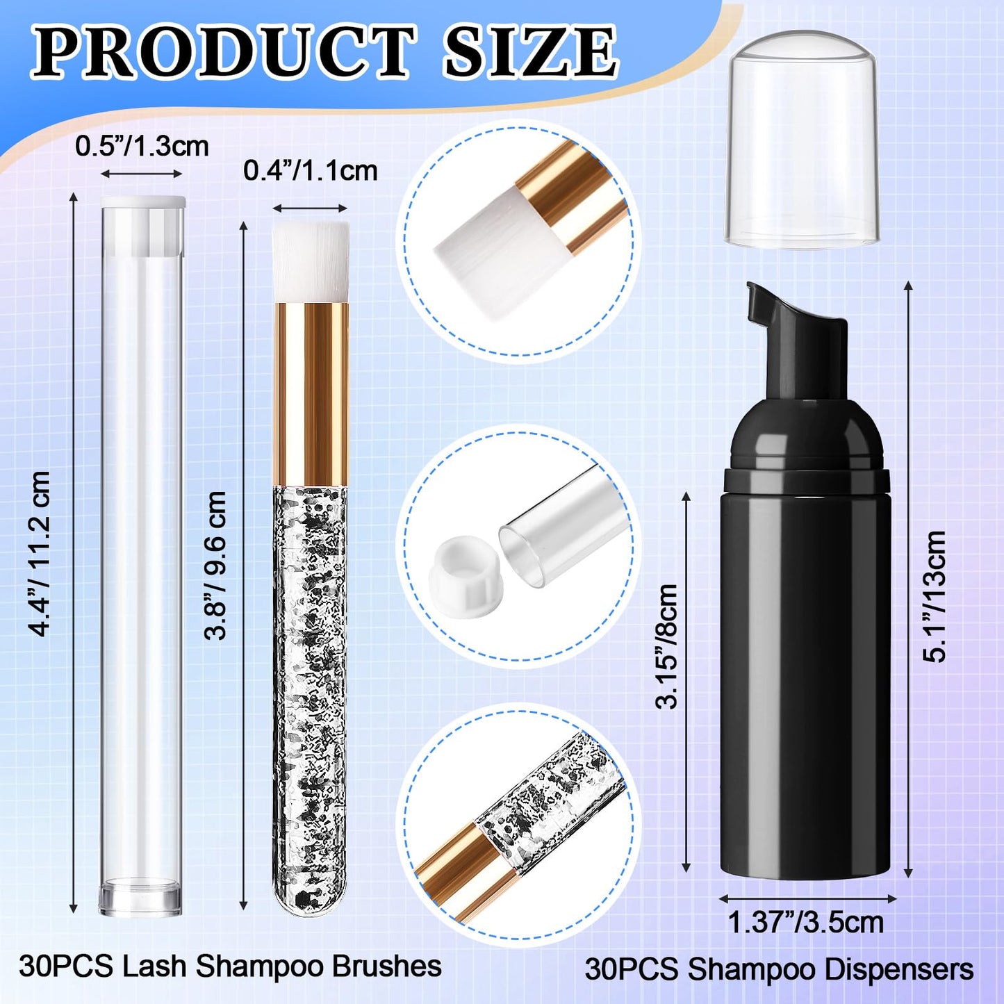 Zhehao 150 Pcs Lash Shampoo Bottle Brushes Set 30 Eyelash Shampoo Dispensers 30 Reusable Aftercare Bag 30 Empty Lash Brushes Pipes 30 Lash Shampoo Brushes 30 Extension Aftercare Cards(Black)