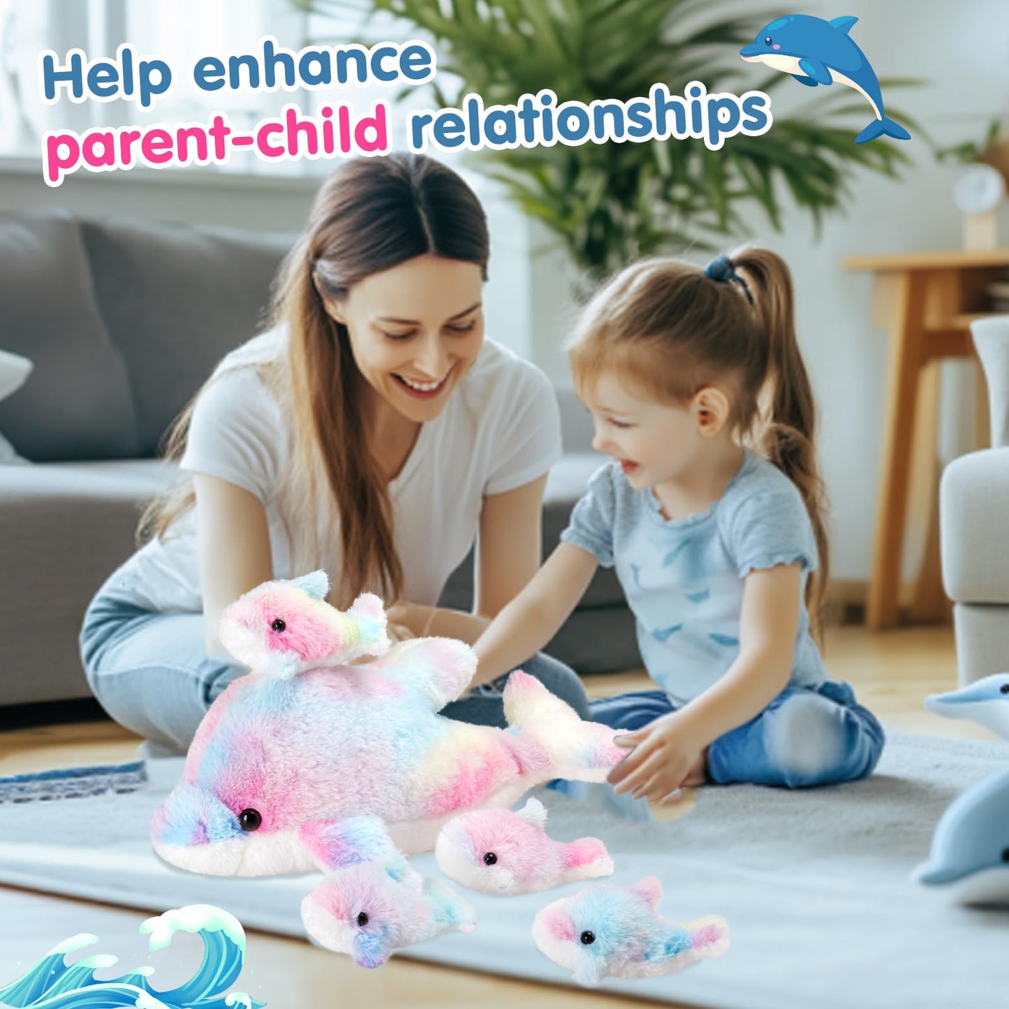 WEWILL 17" Mommy with 4 Babies Rainbow Dolphin Stuffed Animals with Babies Soft Cuddly Colorful Plush Toy Christmas Birthday Gifts for Boys Girls Kids