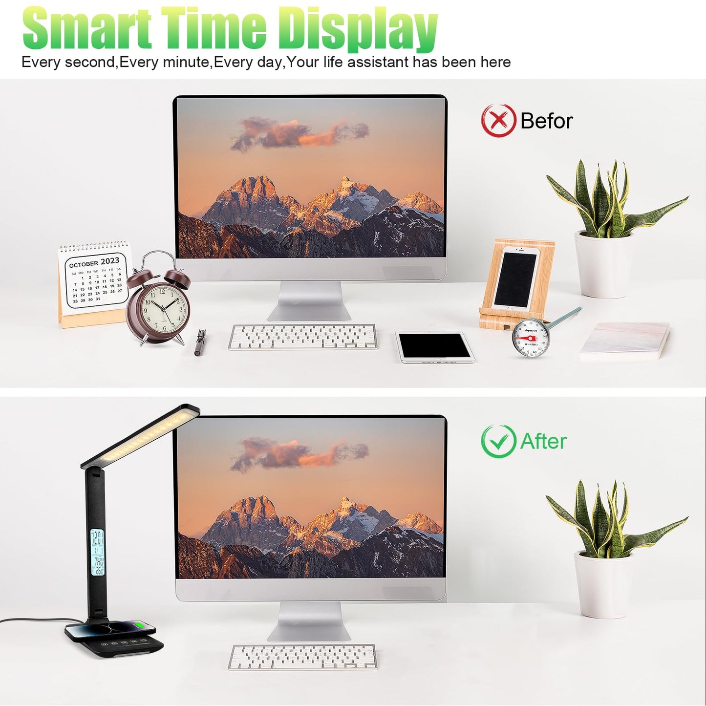 snsok Desk Lamp with Wireless Charger, USB Charging Port, Dimmable Office Desk Light with Clock, Alarm, Date, Temperature, Foldable Lamp for Table Bedroom Bedside Office (Black Pro)