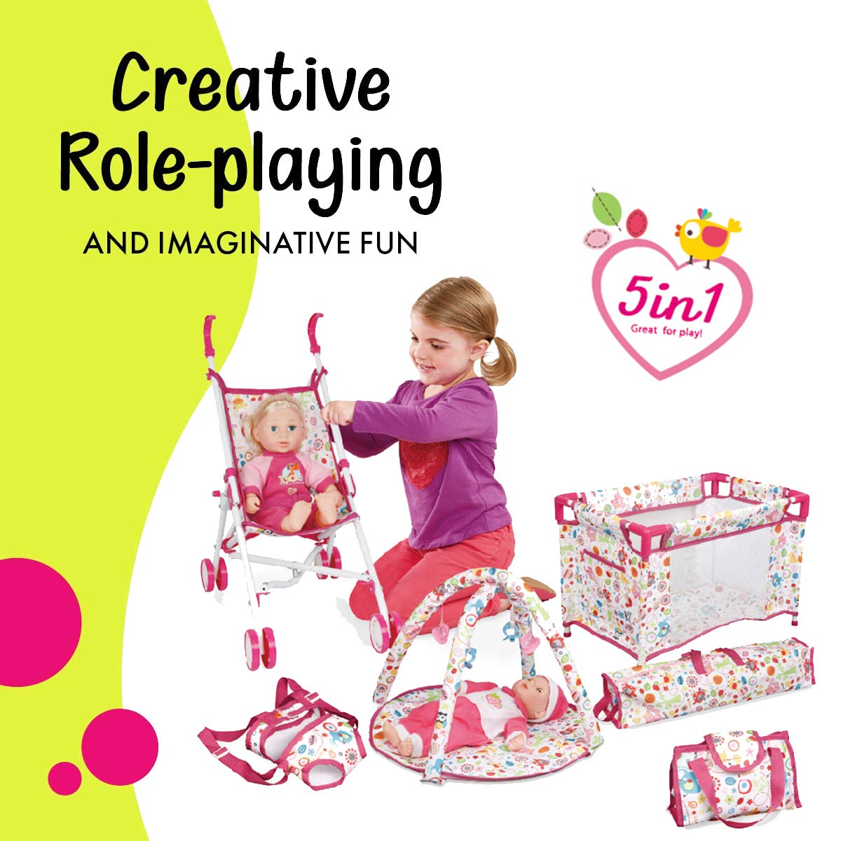 Liberty Imports 5-in-1 Deluxe Newborn Baby Doll Stroller Nursery Playset with Play Mat, Playard, Baby Carrier, and Travel Bag (Doll Included)