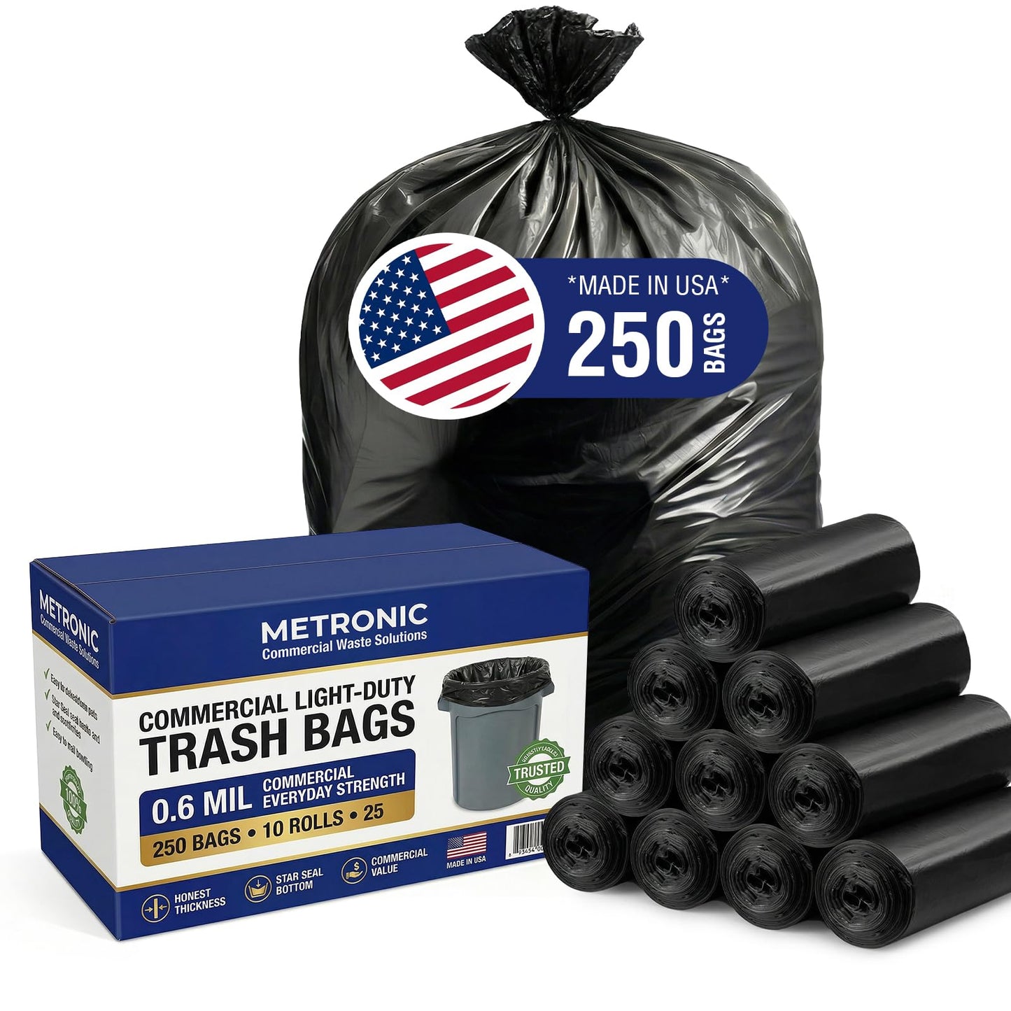 METRONIC 30-33 Gallon Trash Bags, 250 Count Bulk 0.6 Mil Commercial Black Garbage Bags, 32” x 38” Light Duty Large Plastic Trash Bags, Commercial Liners for Office, Retail & Paper Waste, Made in USA