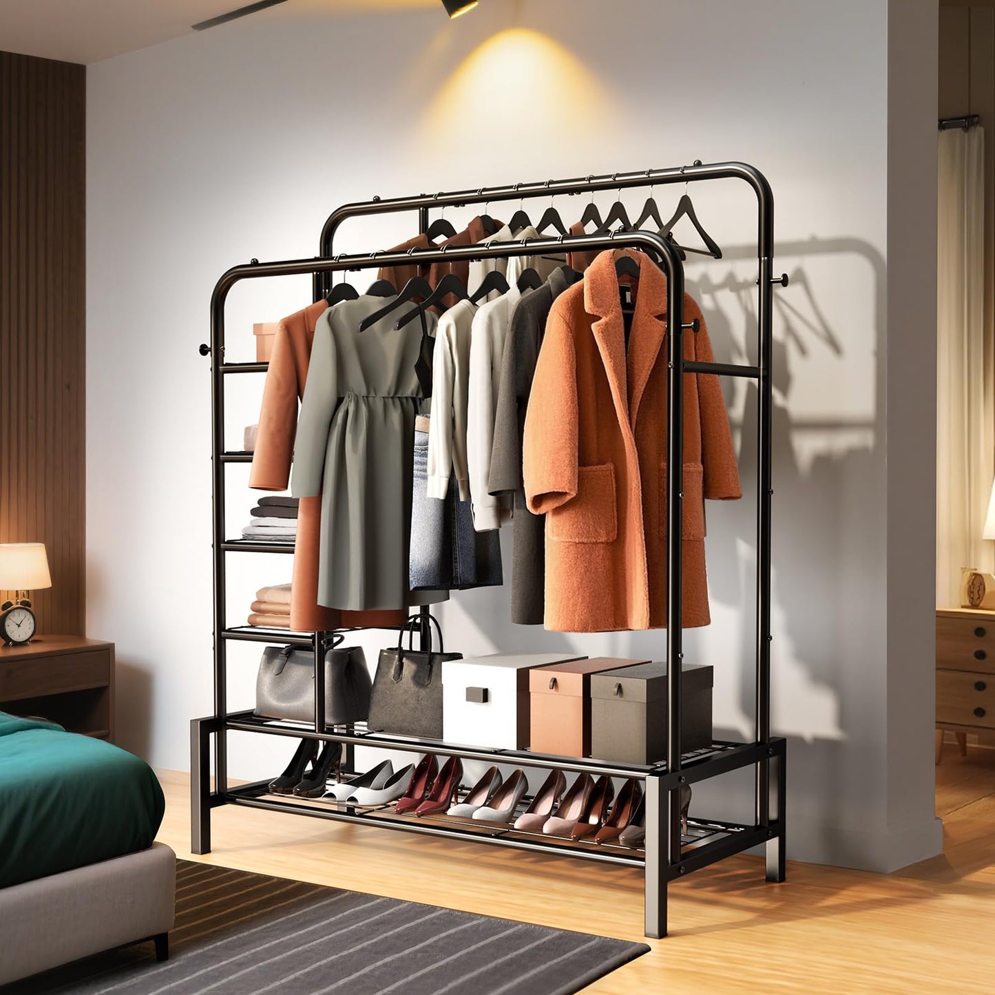 ZHKINGGS Clothes Rack, Double Rods Clothing Rack with 2 Bottom Shelves & 4 Side Shelves, Metal Garment Rack for Hanging Clothes, Heavy Duty Clothes Rack for Bedroom, Laundry, Living Room, Black