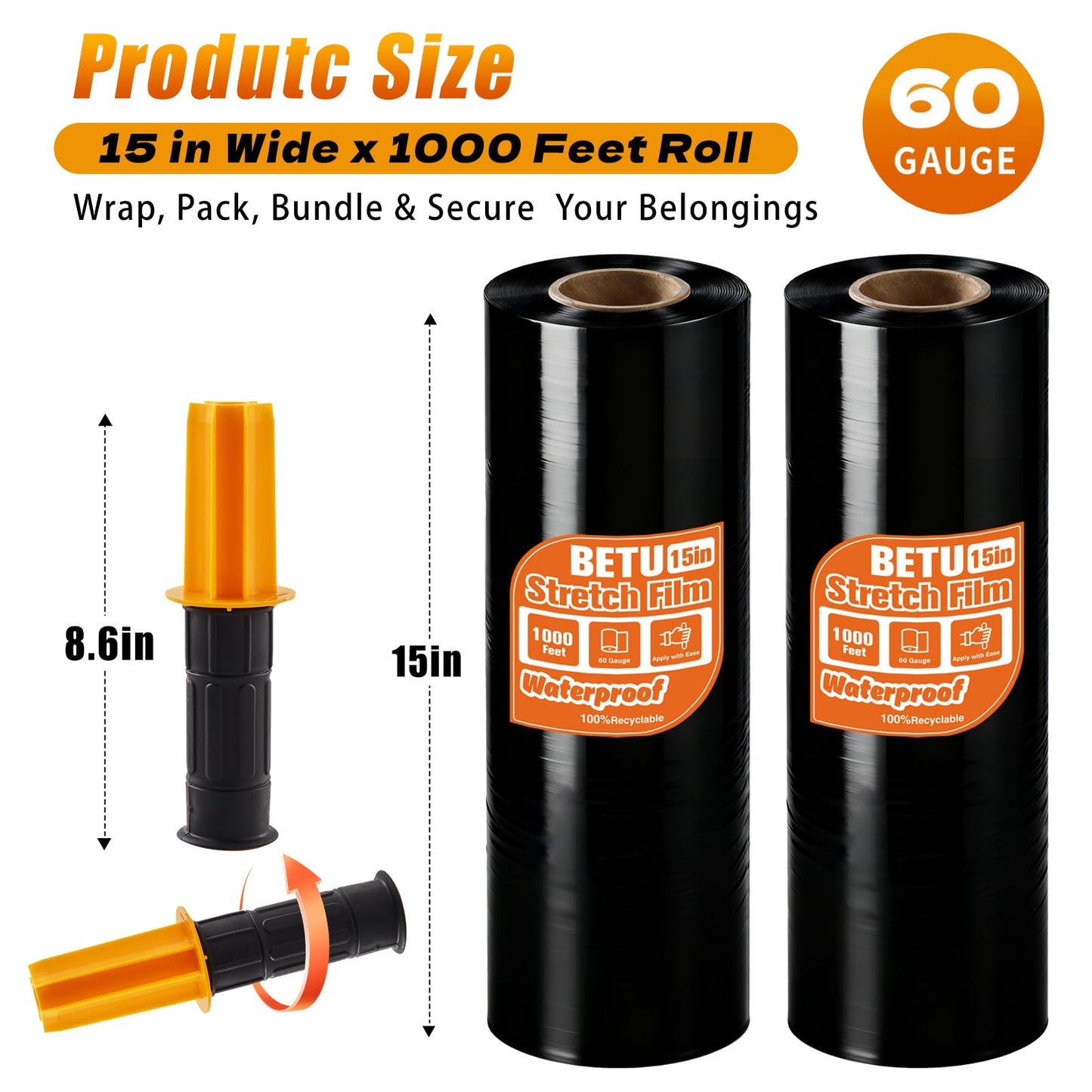 Black Stretch Wrap Shrink Film for Moving Supplies (15inch, 2 Pack) x 1000ft, Industrial Strength Plastic Wrap Stretch Roll for Privacy Protection Pallet Shipping Moving Boxes Furniture with Handles