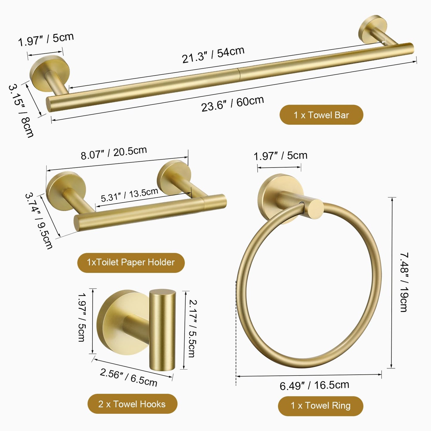 TURS Brushed Gold 5 Piece Bathroom Hardware Set, SUS304 Stainless Steel Bath Towel Bar Set, 23.6 Inch Round Bathroom Accessories Kit Wall Mounted