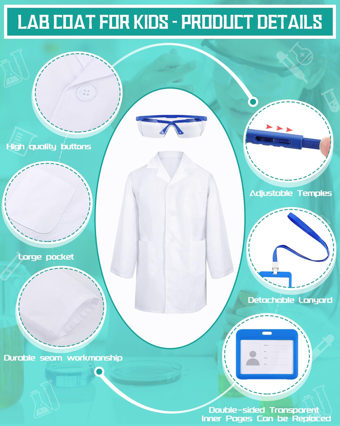 Xtinmee 12 Sets 36 Pcs Kids Lab Coat Set Halloween Doctor Costume with Goggles ID Card Kit Science Dentist Doctor Dress Up (Large)