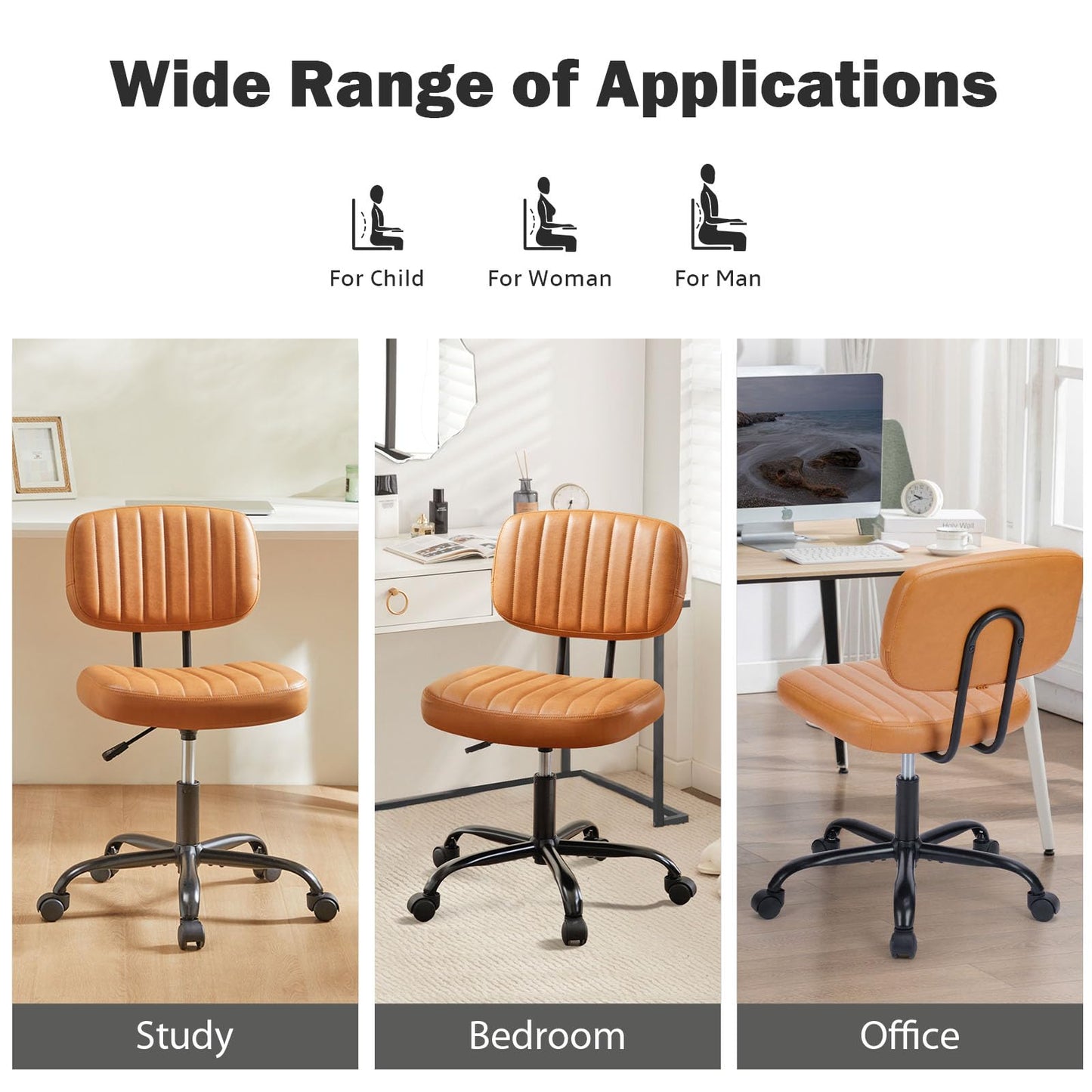 DUMOS Armless Home Office Executive Chair - Small Desk Chair with Low Back Lumbar Support, Height Adjustable PU Leather Computer Task Chair with 360° Swivel Wheels, for Adults, Brown