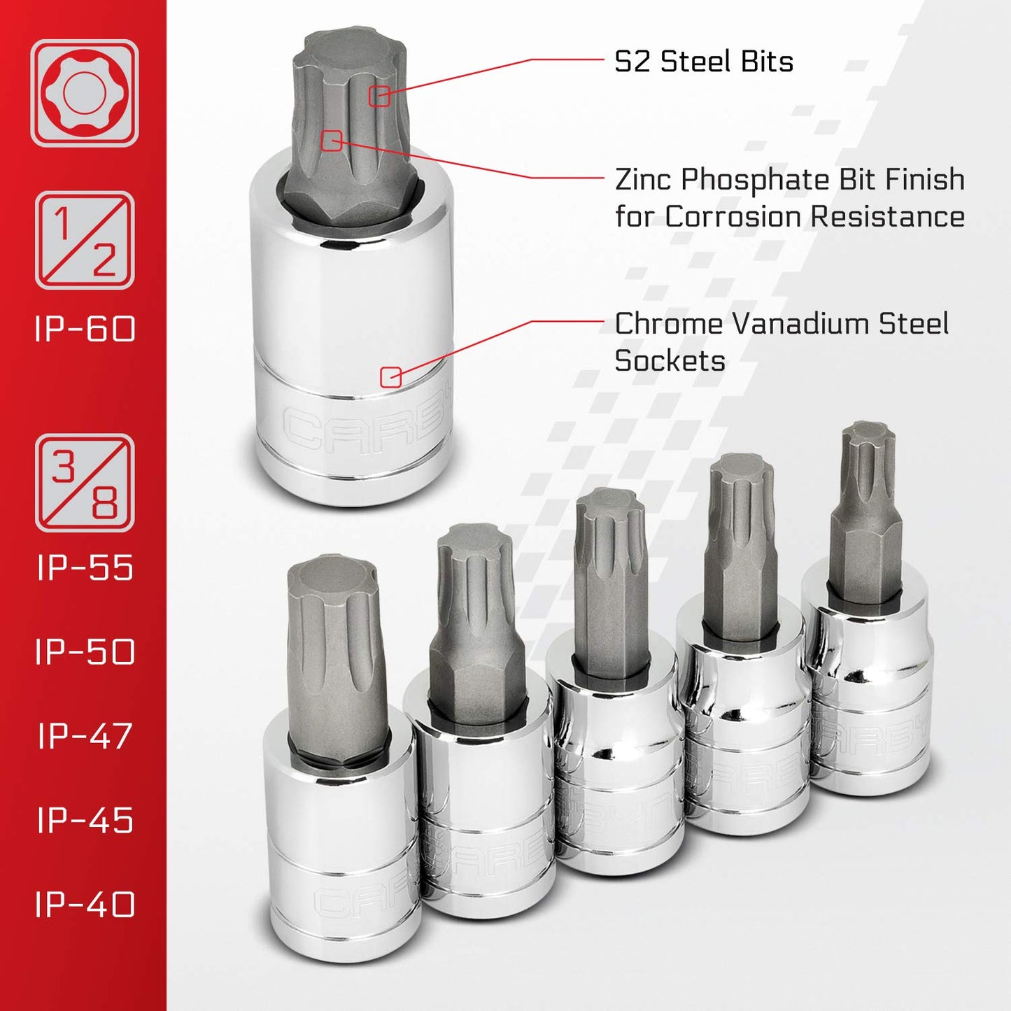CARBYNE 13-Piece Torx Plus (aka 6 Lobe) Bit Socket Set, TP-8/IP-8 to TP-60/IP-60, S2 Steel Bits, CRV Sockets | 1/4 in., 3/8 in., & 1/2 in. Drive
