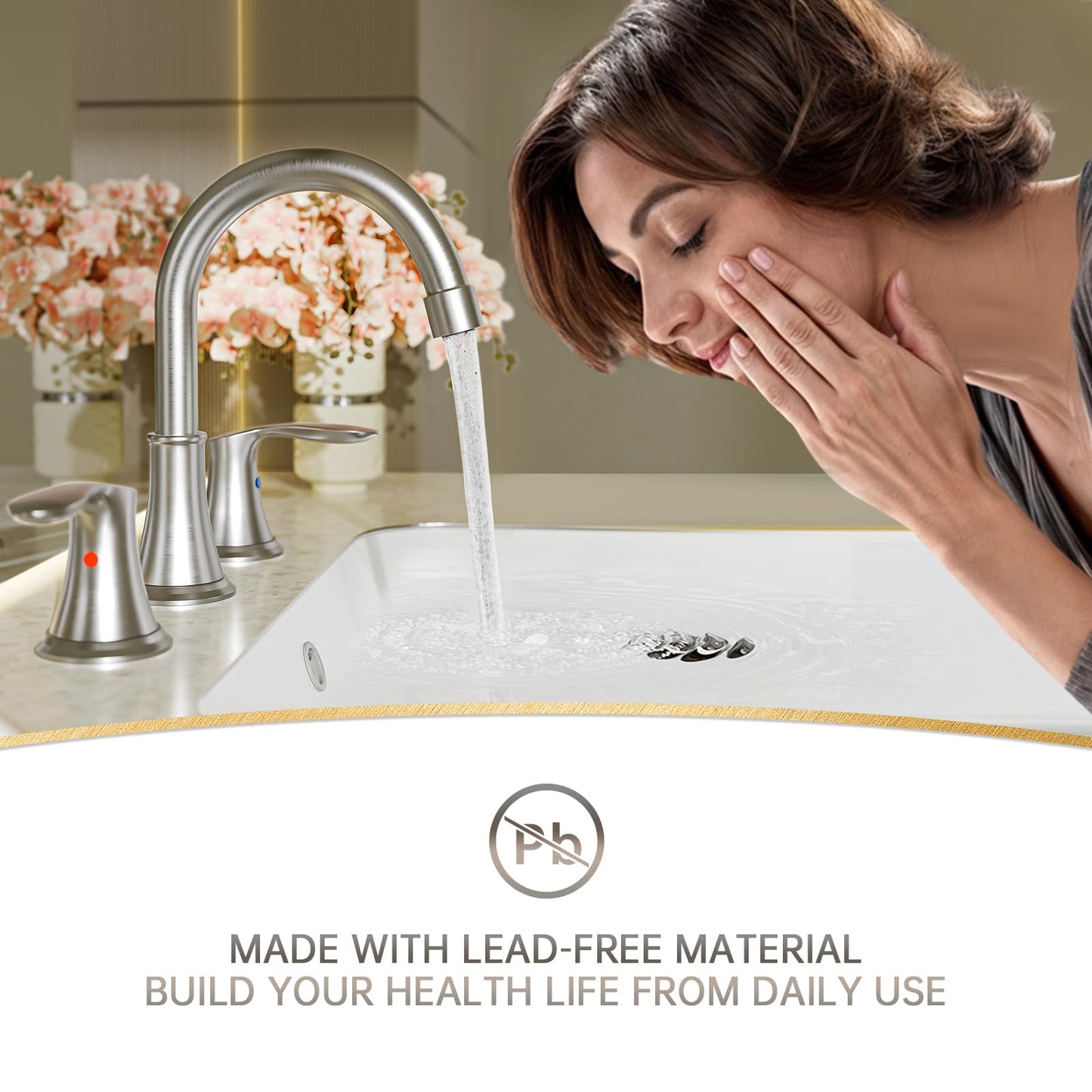 Phiestina Widespread 8 Inch 3 Holes Brushed Nickel Bathroom Faucet，Two Handles Stainless Steel Bathroom Sink Faucet with Metal Pop-Up Drain and Water Supply Lines, WFTY36-BN