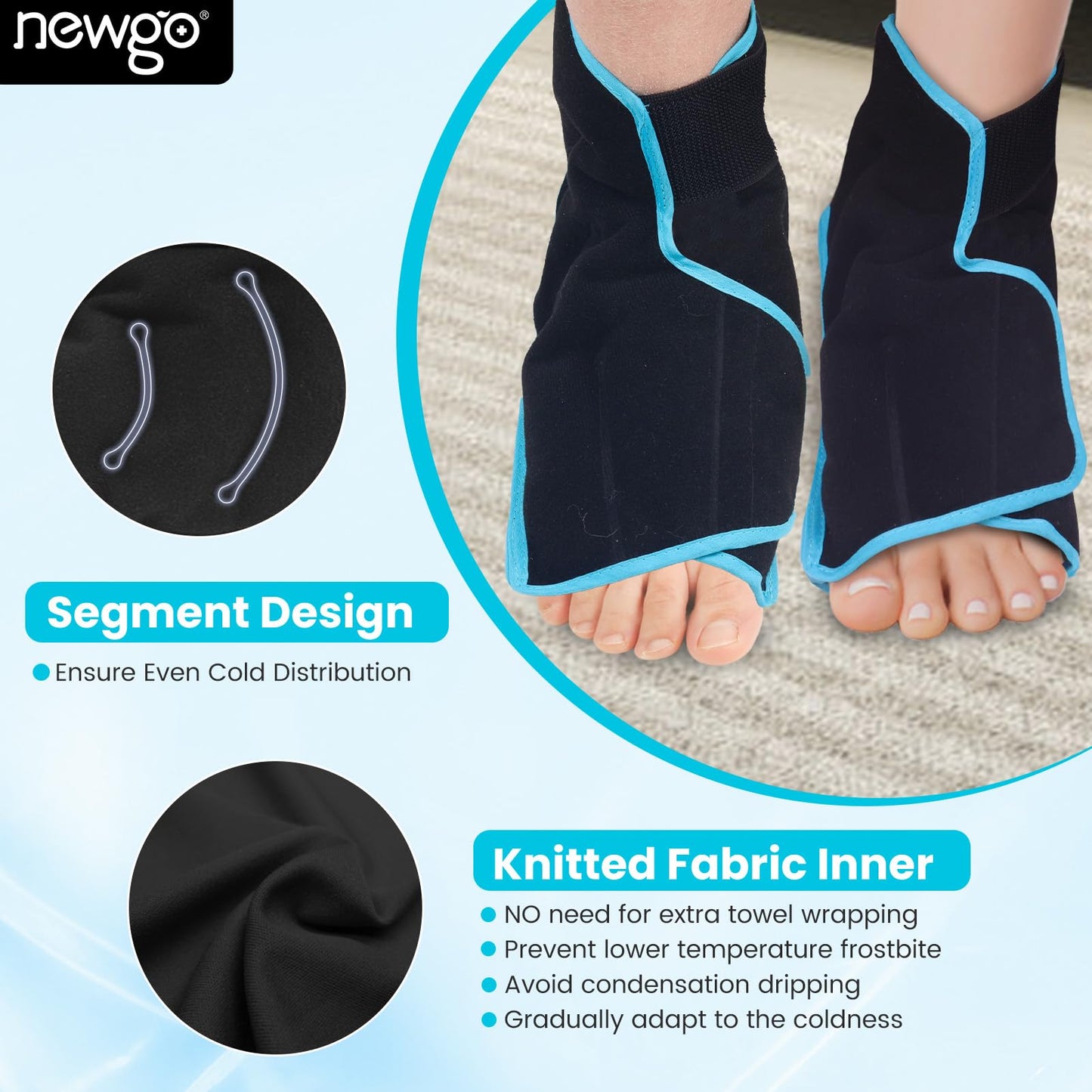 NEWGO Foot Ice Pack Wrap for Plantar Fasciitis, 2Pack Ice Pack for Ankle Foot Achilles Tendon, Bunion Surgery, Heel Spur, Reusable Heel Ice Pack for Foot Injury and Pain Relief - Black