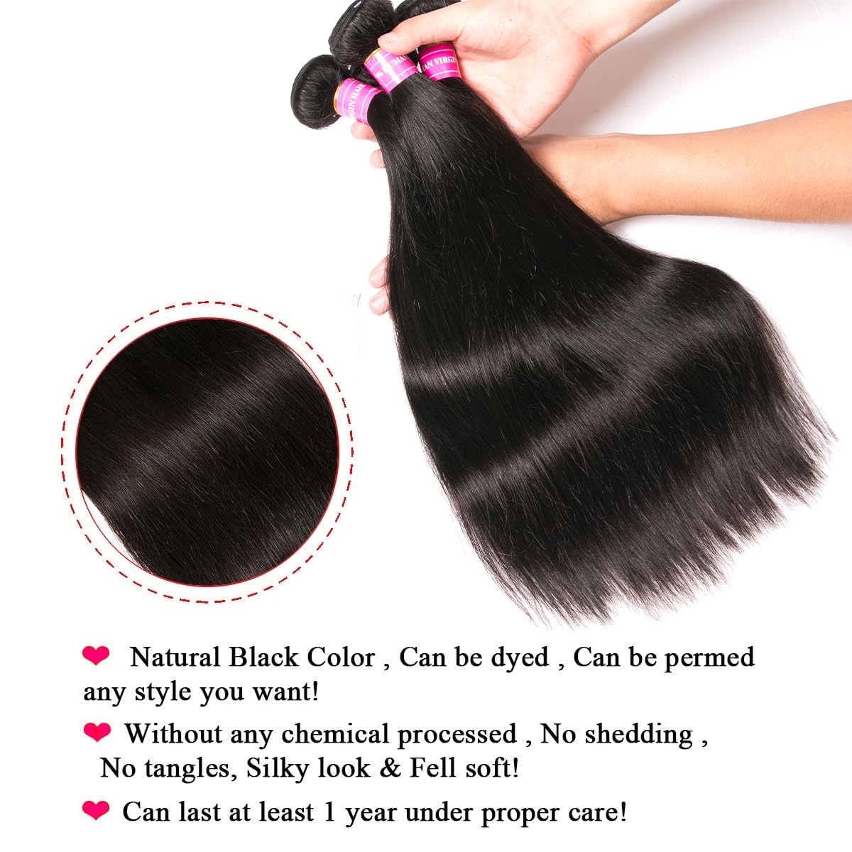 QinMei Brazilian Hair Straight Bundles 10A Grade 10 12 14 inches 100% Unprocessed Virgin Straight Human Hair 3 Bundles Weave Extensions Natural Color