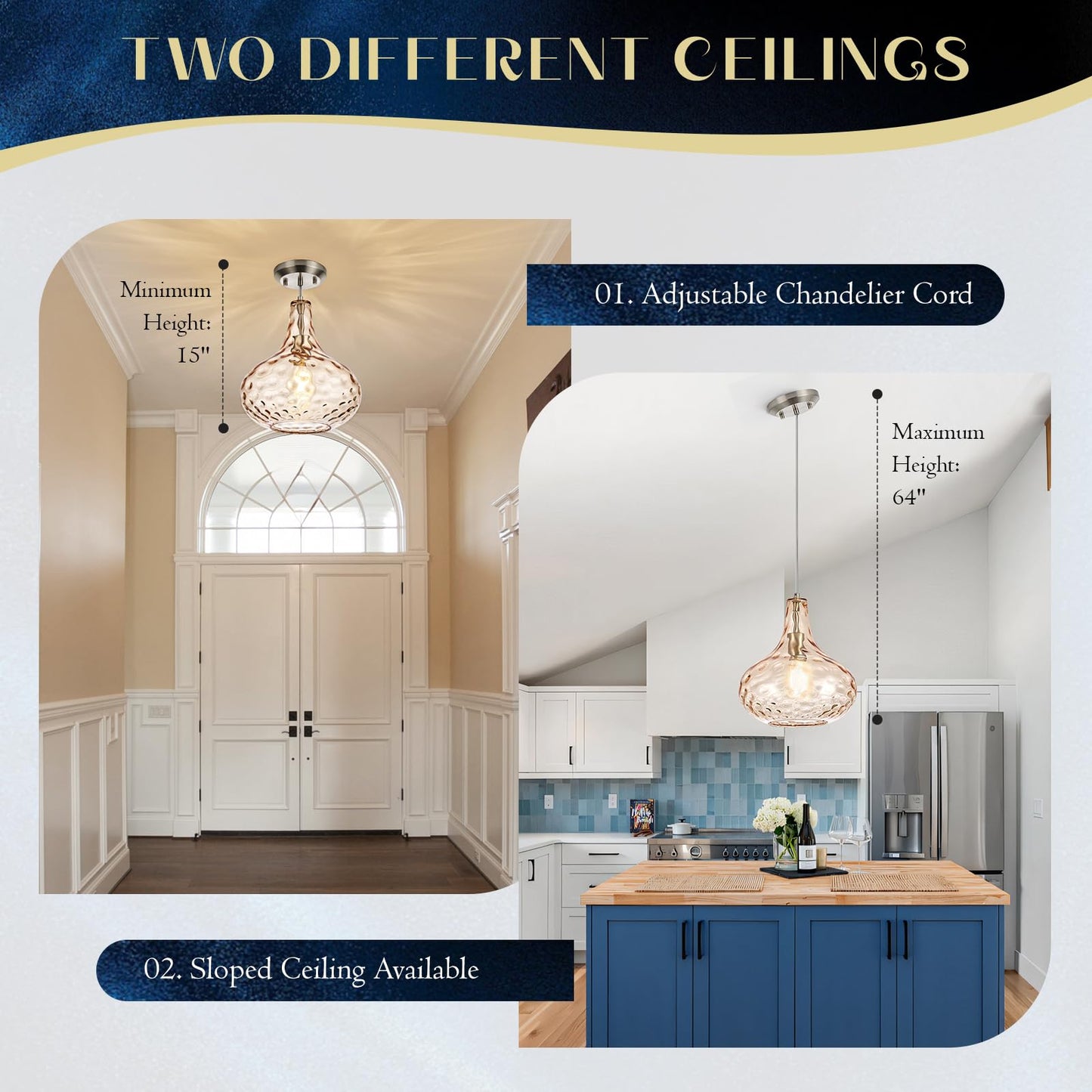 MERINEA 11" Amber Hammered Glass Pendant Light – Brushed Nickel Finish, Adjustable Hanging Cord, Modern Farmhouse Ceiling Light for Kitchen Island, Dining Room, Hallway