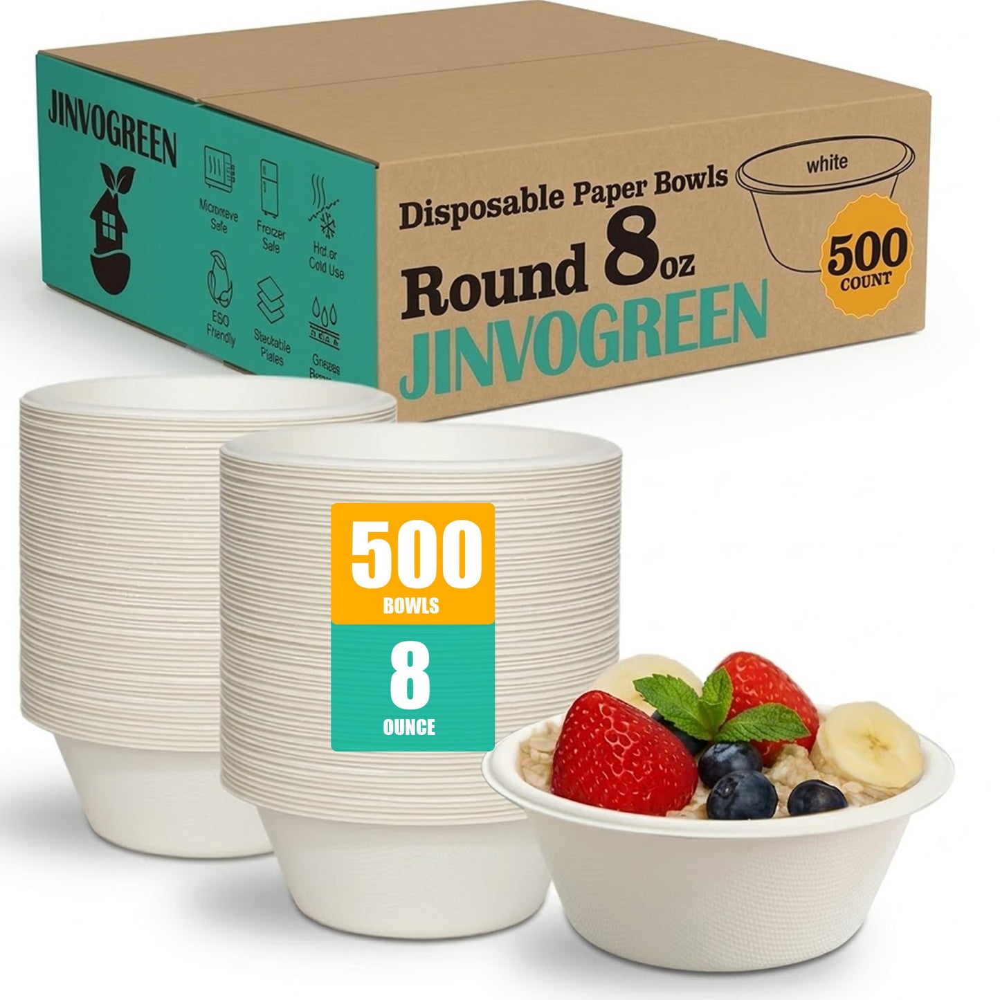 JINVOGREEN 500 Count 8 oz Paper Bowls, Disposable Compostable Bowls Bulk, Heavy Duty Biodegradable Bagasse Bowl for Snacks, Soup, and Salads, White