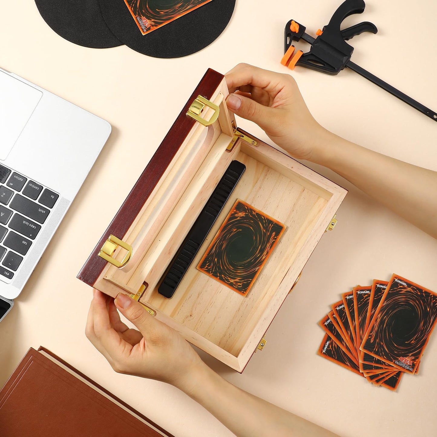 Didaey Card Flattening Kit Trading Card Flattening Tool Accessory Kit Included 1 Moisturizing Box 2 Acrylic Plates 4 Vices 4 Clamps 2 Indent Mats for Fix Bent Cards(Reddish-Brown,Wooden)