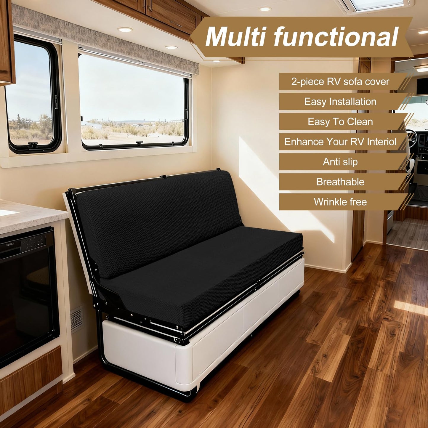 YUJIASH RV Couch Covers for Sofa Bed,2-Piece Backrest and Seat Slip Covers,for Jackknife Sofa,rv Furniture Cover(Black)