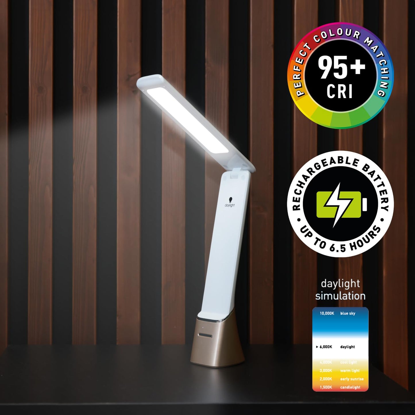 Daylight Company Smart Go Portable Lamp, Ideal for Reading, Light Therapy, Everyday Tasks, Crafts, Desk Work, DIY, Led, Chargeable lamp, 95+ CRI, 1 Count (Pack of 1), White