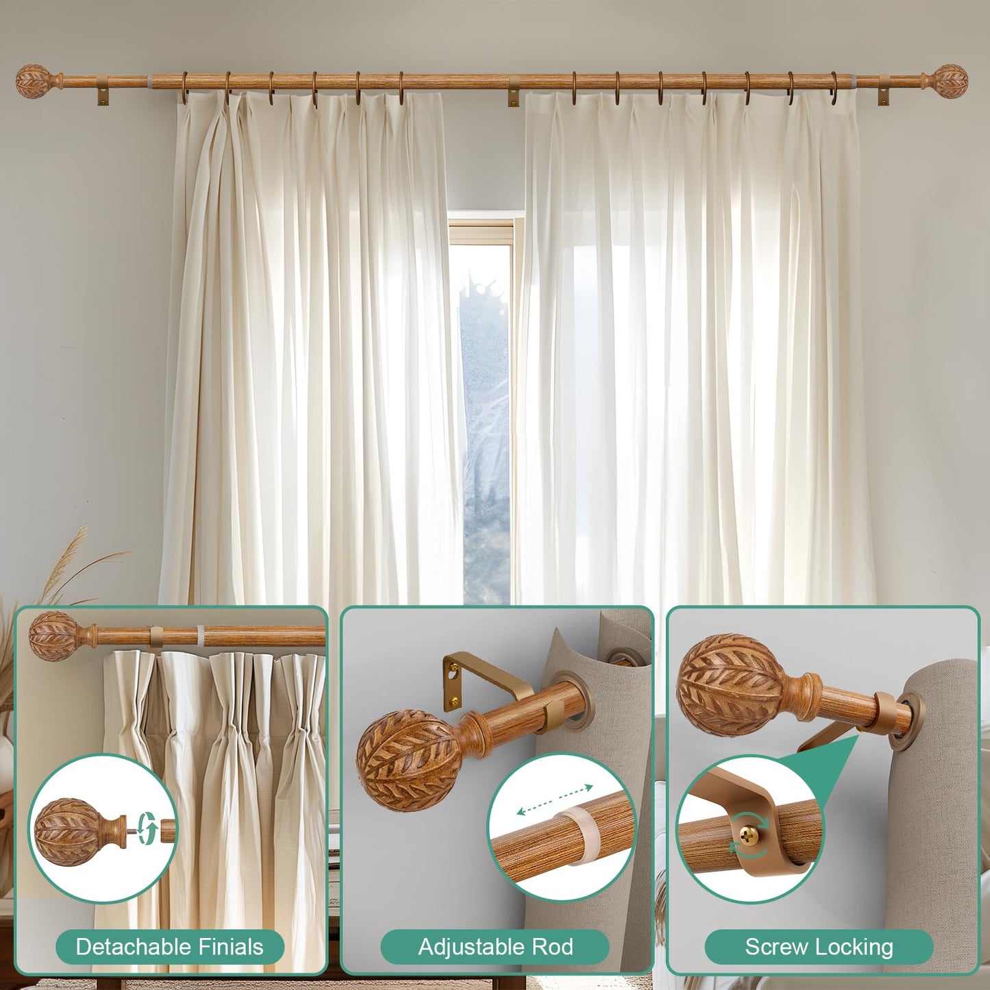 QDWIS Wood Curtain Rods for Windows 66 to 120 Inch, 1'' Adjustable Decorative Drapery Rods with Imitation Wood Grain Leaf Pattern Finials, Boho Heavy Duty Long Window Curtain Rods Set 36''-120''