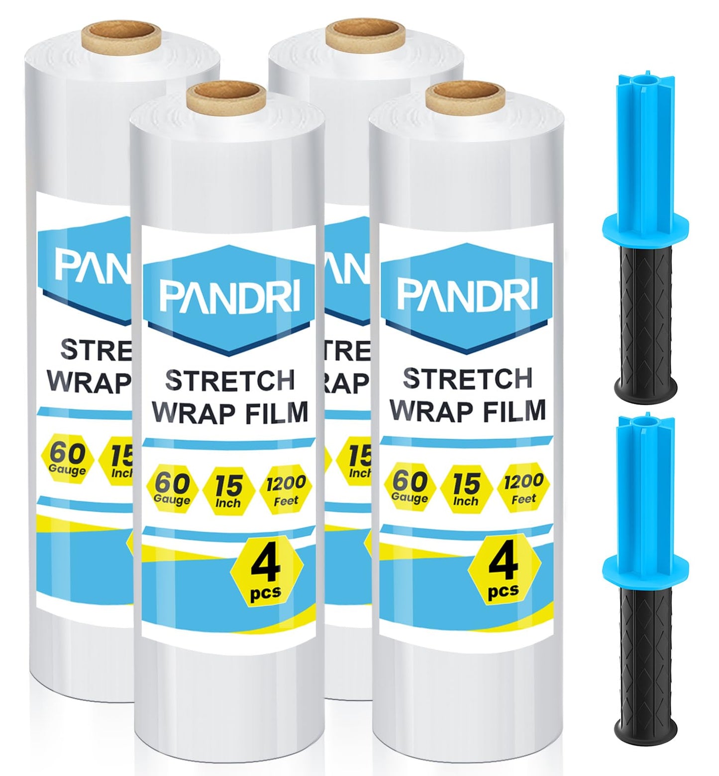 Stretch Film, PANDRI 4 Rolls Stretch Wrap with Handles Industrial Strength, Clear Shrink Wrap, Plastic Wrap for Moving Pallet Wrap, 15" x 1200 Ft Per Roll, 60 Ga, 2 Handles
