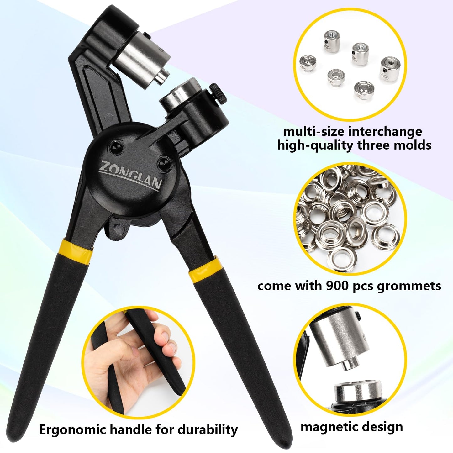 zonglan Heavy Duty Grommet Tool Kit of 1/2" 5/16" and 3/8",Multi Size Handheld Eyelet Tool Plier Rivet Press with 900 pcs Silver Grommets for Tarp Leather Fabric