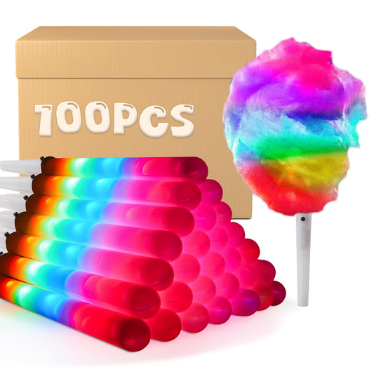 100 Pcs LED Cotton Candy Cones - Glowing Cotton Candy Sticks for Parties - Reusable & Waterproof Cotton Candy Holders - Vibrant Colors for Christmas, Birthdays & Events