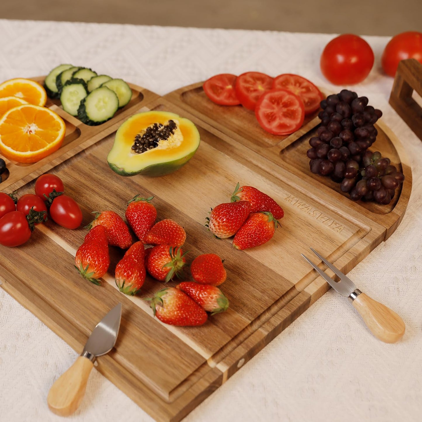 KWASVLYA Magnetic Charcuterie Board Set - Acacia Wood Serving Tray & Cutting Board with Modular Design, Juice Grooves, +4 Cutting Mats & Knives, 26x13 Inch, Gift for Home/Parties