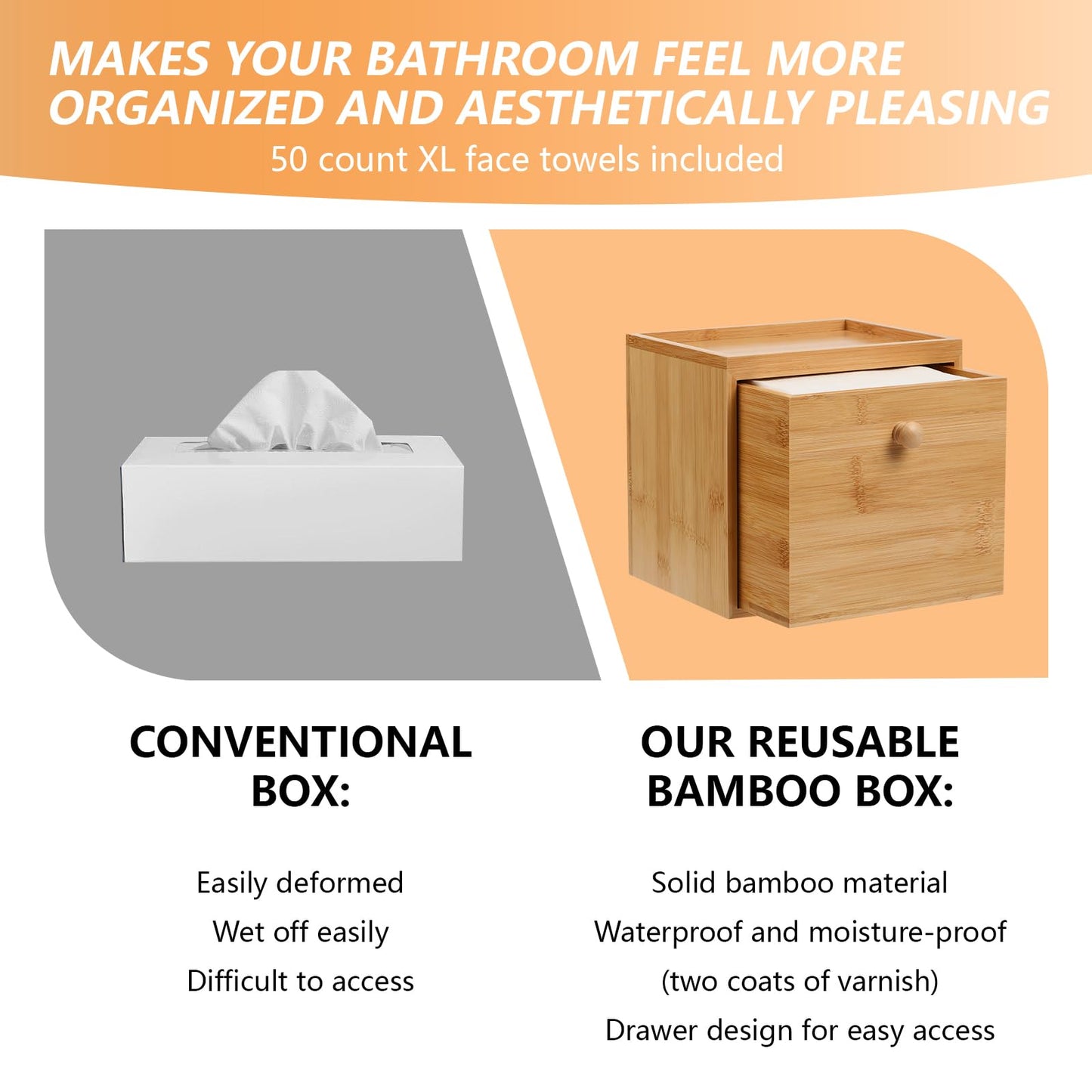 Disposable Face Towel with Bamboo Drawer Storage Box - Face Towelettes Disposable XL, Facial Towels Disposable, Makeup Organizer for Clean Face Towels, Makeup Remover Dry Wipes Washcloths 50 Ct