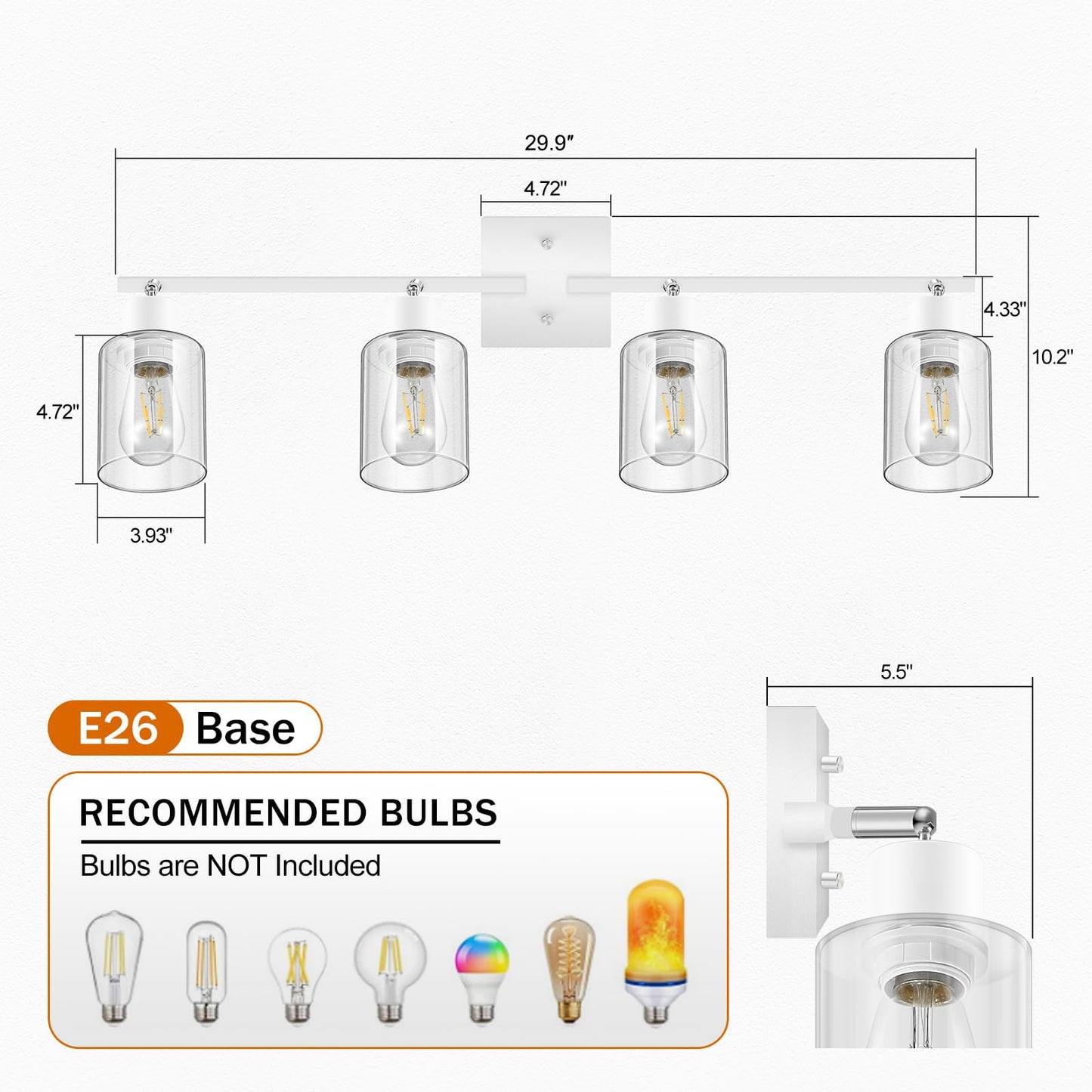 Track Lighting, LED Track Light Fixtures Ceiling Kitchen, 30" 4 Way Ceiling Lights with Clear Glass Shade, Wall Light Fixture with Rotatable Head, White Home Decor for Bathroom Vanity(E26, NO Bulb)