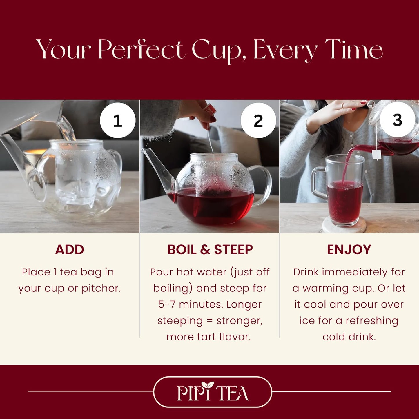 PiPi Tea Organic Hibiscus Tea Bags – Caffeine Free Herbal Tea Rich in Antioxidants, Non-GMO & Vegan, Sourced from Premium Hibiscus Flowers for Daily Wellness & Heart Health Support, 60g