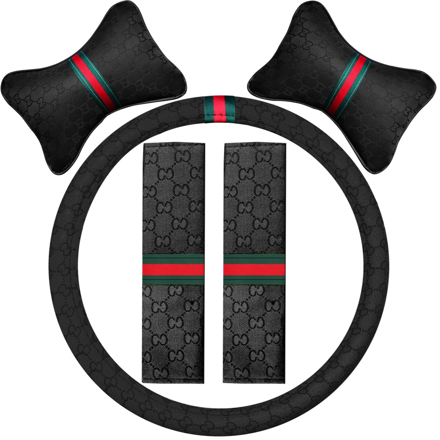 5PCS Steering Wheel Cover, with 2 Headrests, 2 Seat Belt Covers - Universal Fit for 14.5-15" Steering Wheel, Enhances Driving Experience - Perfect for Women (Black)