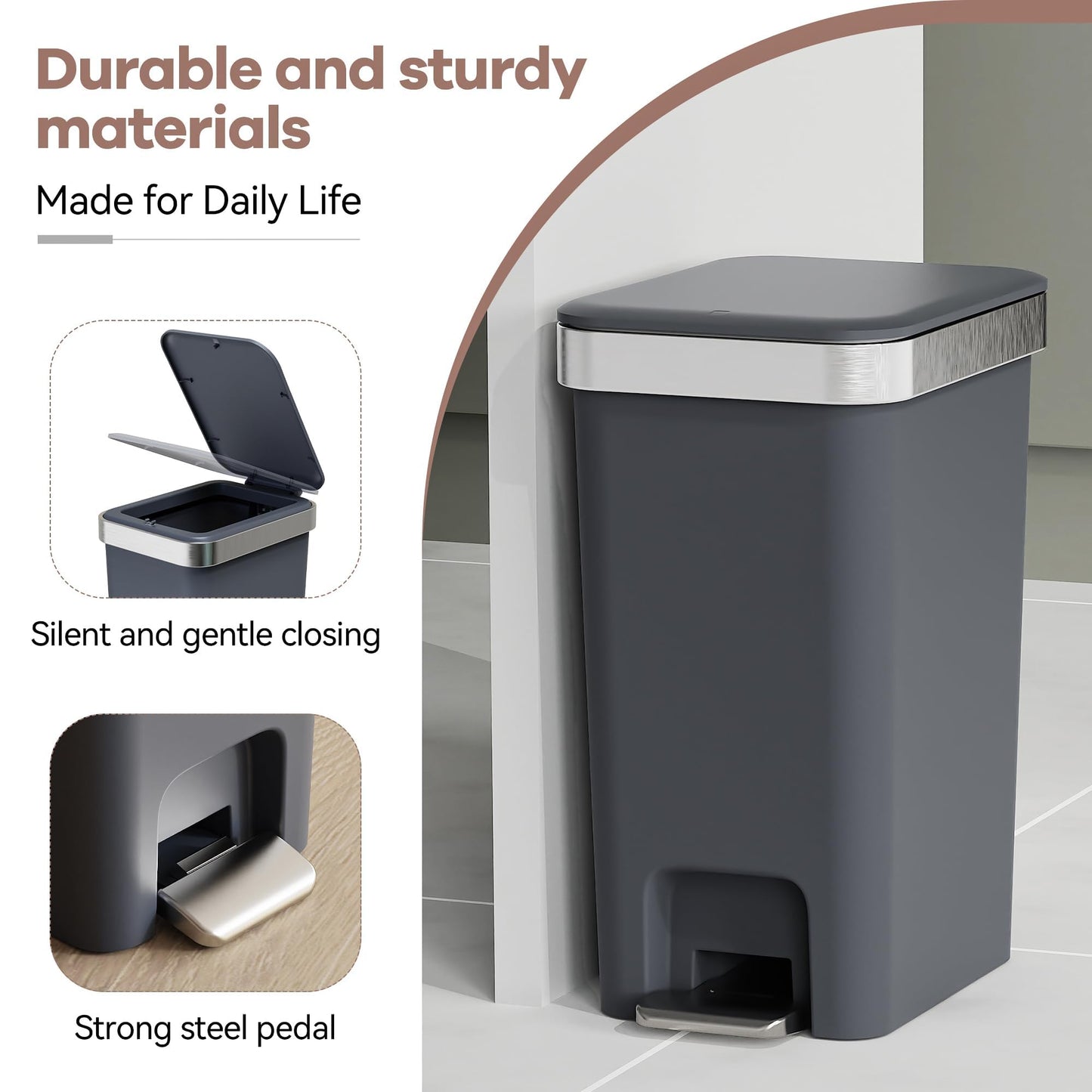 onlcuk 2Pack Small Bathroom Trash Can with Lid Soft Close, 10 Liter/2.6 Gallon Slim Garbage Can-Metal Step and Press top Lid, Mini Modern Waste Basket for Toilet, Office, Bedroom,Dorm,Dark Gray