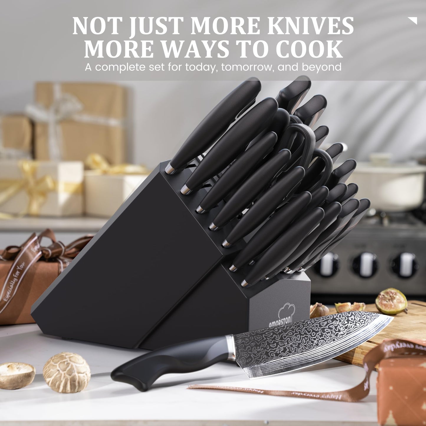 Amorston 22 Pieces Knife Set, Laser Engraved High Carbon Stainless Steel Knife Block Set, Full Tang Professional Kitchen Knife Set with Built-in Sharpener, Fathers Day Gift for Men