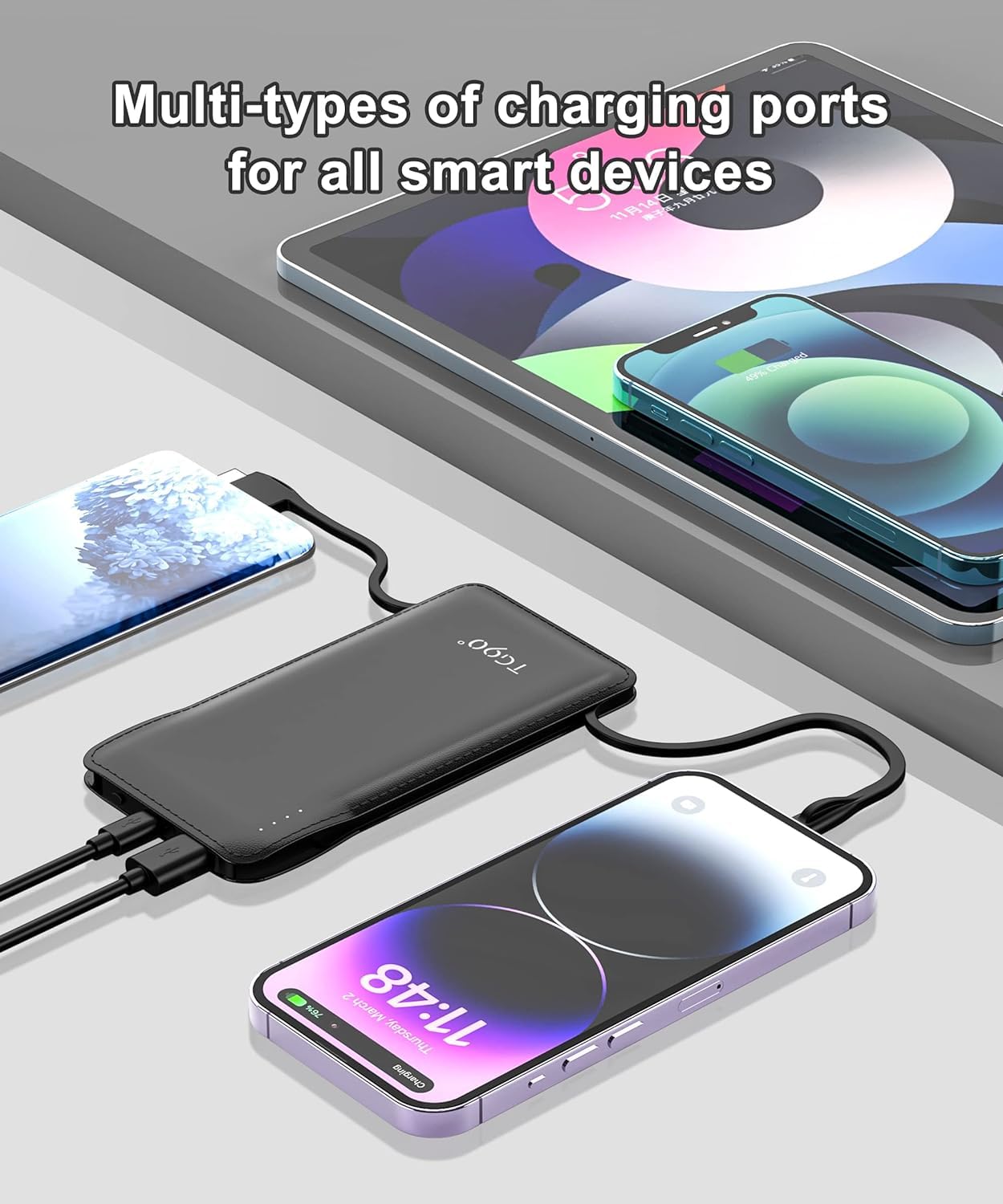 TG90° Portable Charger with Cords 10000mAh Power Bank with Built in Cables Battery Backup Cell Phone External Battery Pack Compatible with iPhone16/15 and Android Phone Travel Battery Pack