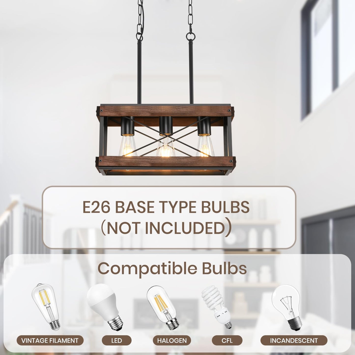HOXIYA Farmhouse Kitchen Island Light, 3 Lights Pendant Lighting Fixture, Rustic Wood Chandelier, Adjustable Height Metal Linear Light for Dining Room Kitchen Bar Pool Table.