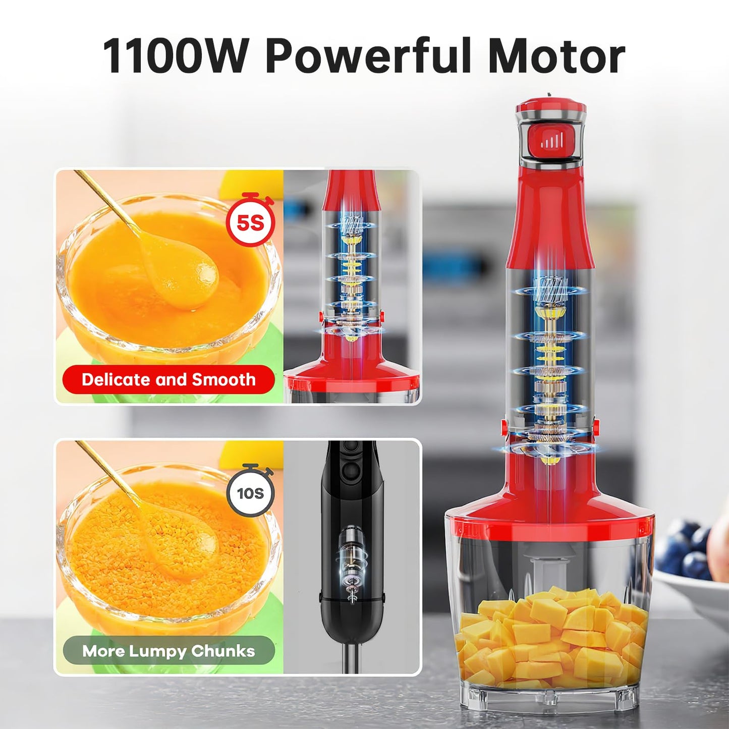 Turelar Immersion Blender Handheld Corded Hand Blenders Set 1100W, Trigger Variable Speed 5 in 1 Stick Emulsifier with Chopper, Whisk and Frother for Soup, Baby Food and Smoothies, Christmas red