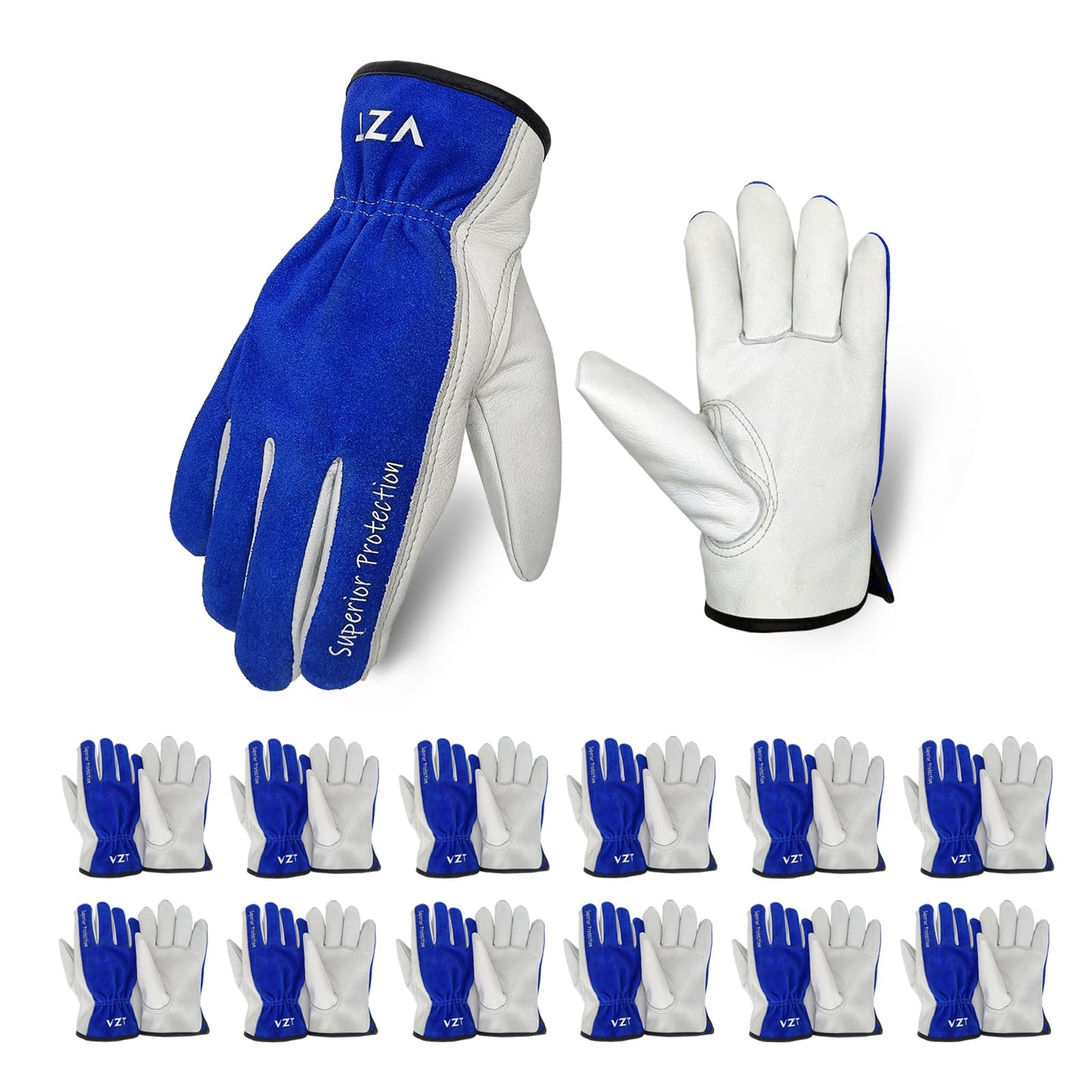 VZT 12 Pairs Bulk Leather Work Gloves for Men or Women for Construction, Wood cutting, Driving, Gardening, Automotive Repair, Water Resistant, Soft, Cowhide, Class 4 Abrasion Resistant, Blue-White, L