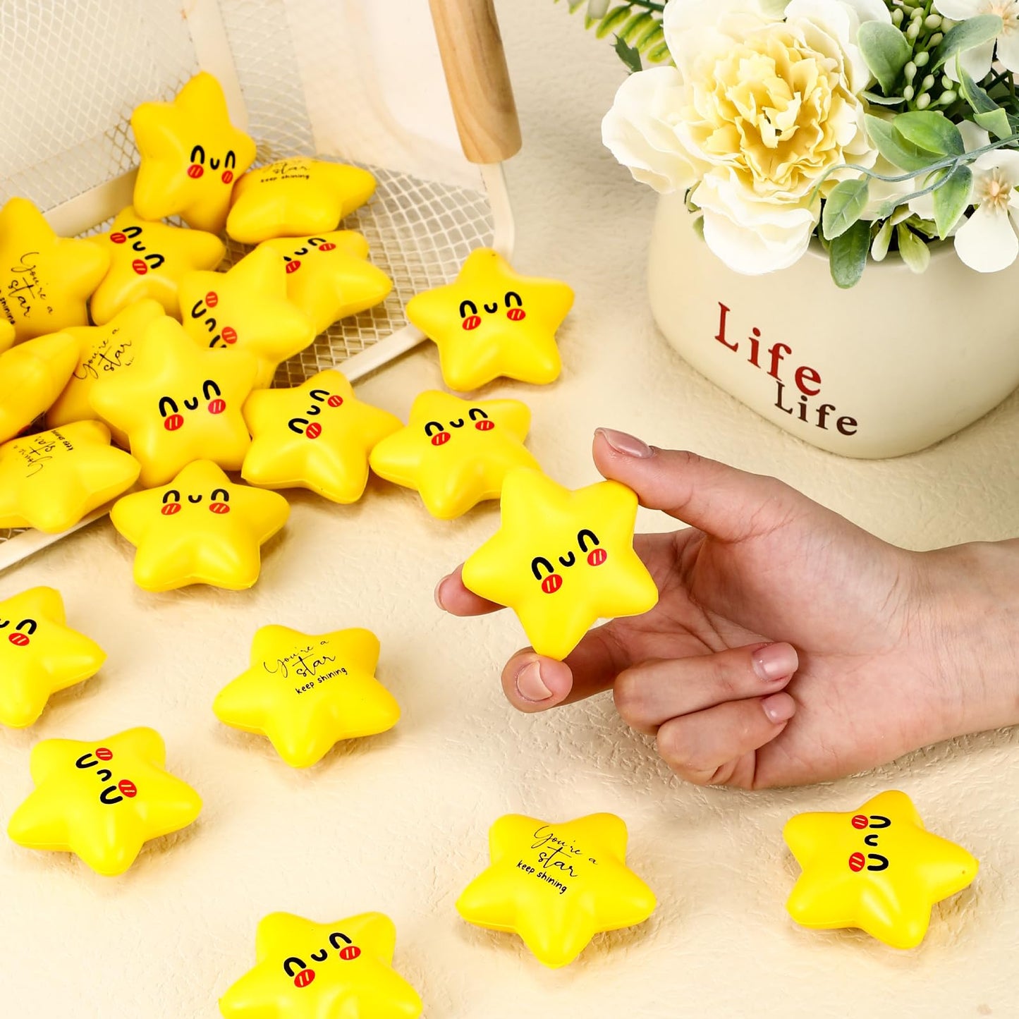 Libima 30 Pcs Inspirational Stress Balls Team Gift Thank You Teacher Appreciation Positive Gift Funny Relief Ball with Cards Bags Elastic Relief Dietitian for Coworker Staff (Star)
