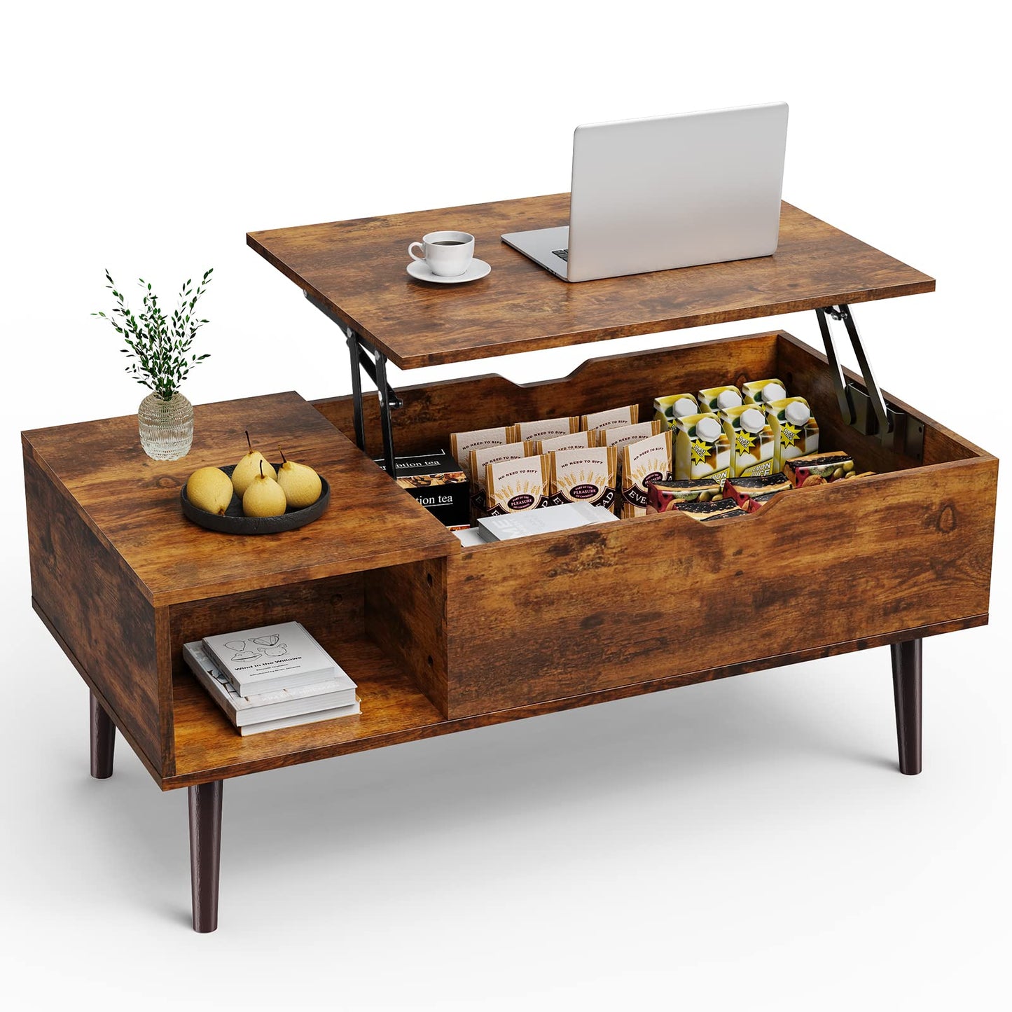 Sweetcrispy Wood Coffee Table Lift Top Coffee Tables for Living Room Office, Small Rising Wooden Center Tables with Large Storage Shelf and Hidden Compartment, Brown