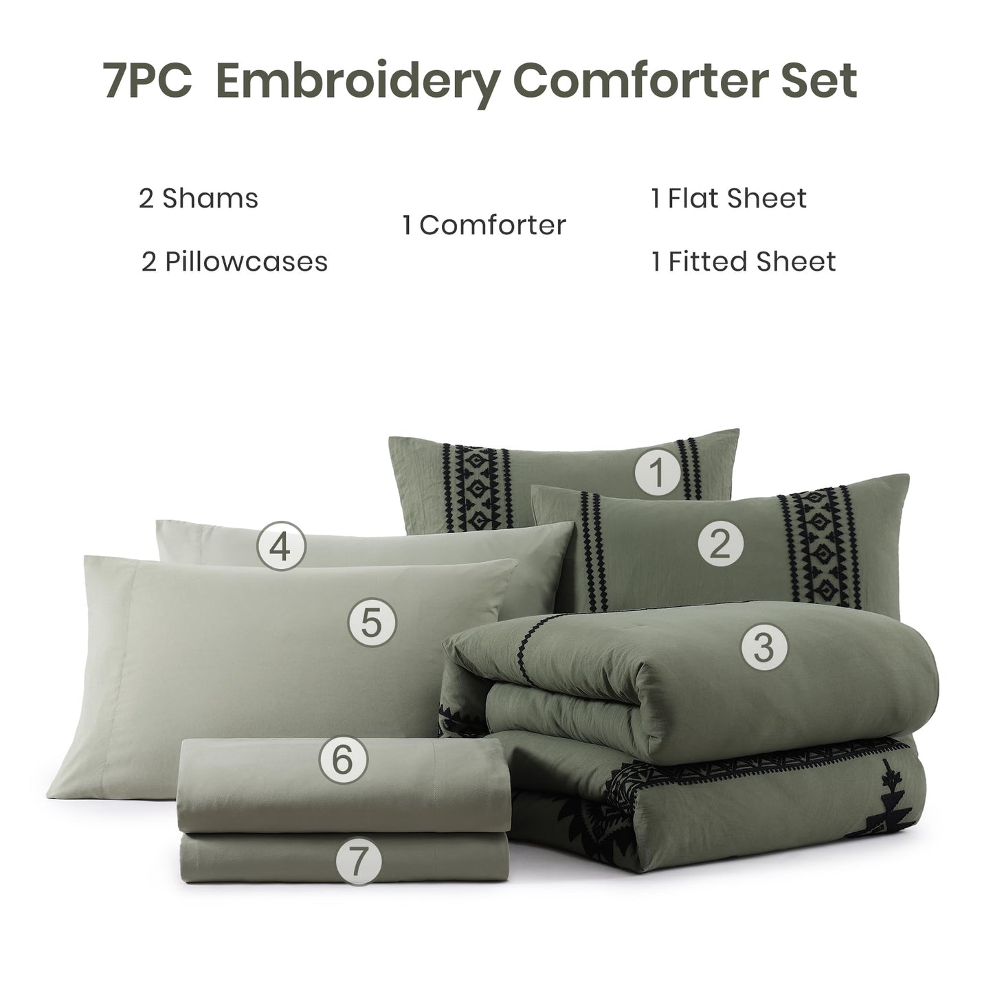 MAIREVE Embroidery Comforter Sets King Size Olive Green - 7 Pieces, Farmhouse Western Bedding Comforter Set, All Season Bed in A Bag King with Sheets, Comforters, Pillowcases & Shams