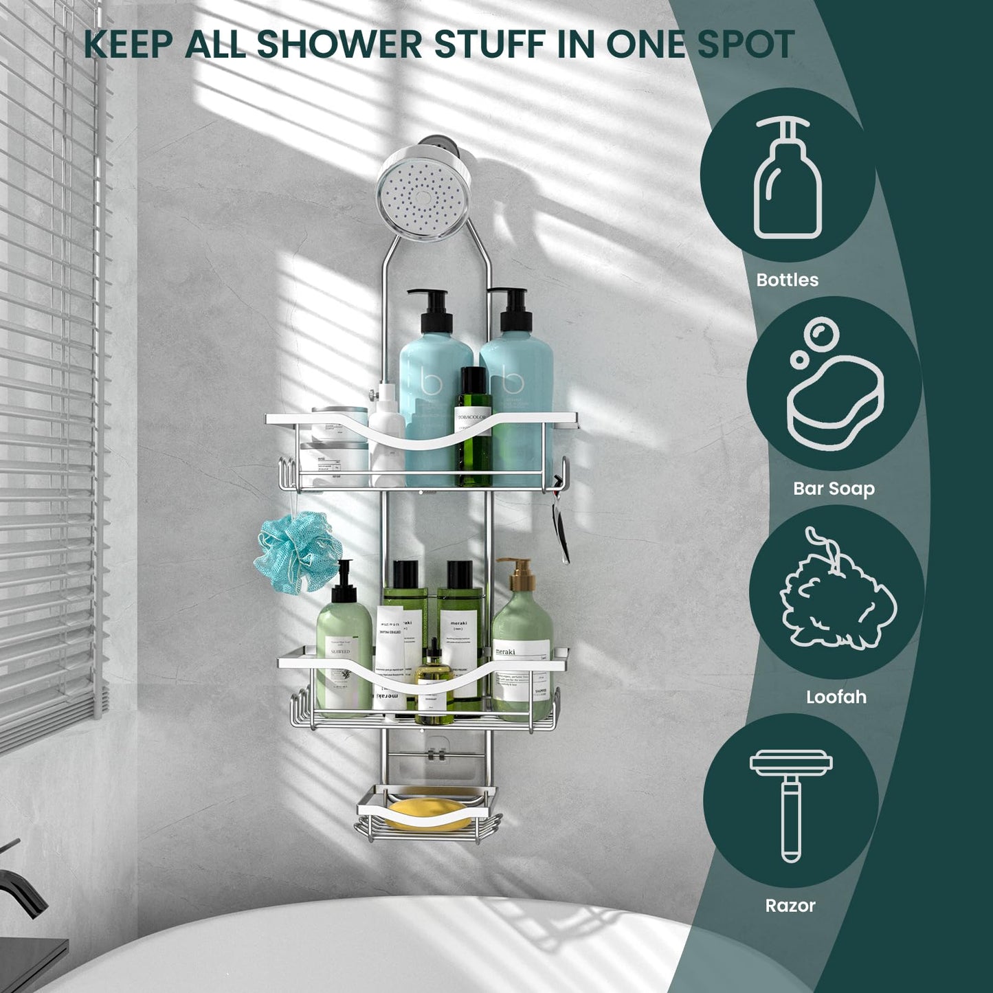 Shower Caddy Hanging Adjustable Shower Caddy, Rustproof Shower Organizer Extended Length Showers Caddy Over Shower Head with Hooks Soap Holder, Large Capacity Anti-Swing Bathroom Organizer, Silver