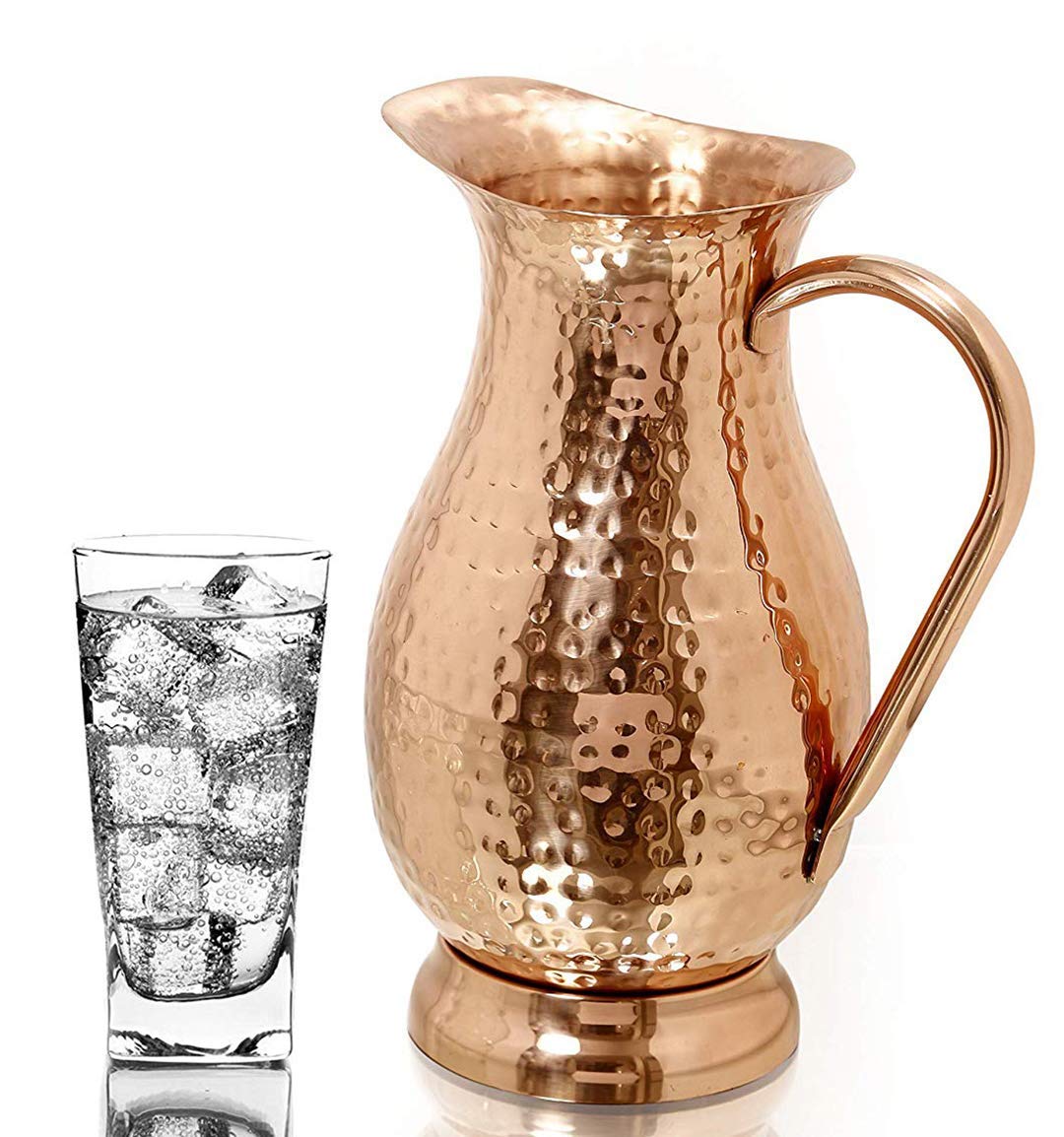 Pure Copper Pitcher with a Lid, Large Size Solid Handcrafted Copper Water Hammered Jug, Capacity 70 Oz/2000ml, Copper Carafe For Home, Hotels & Gifting