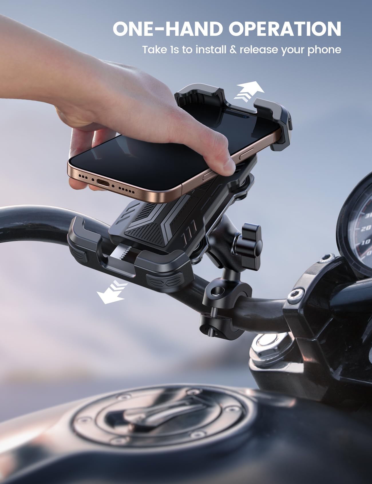 Lamicall Motorcycle Phone Mount Holder - [Dual Vibration Dampener] [720° Adjustment Arm] Motorcycle Cell Phone Holder, Bike Handlebar Phone Mount, for iPhone 16/15/ 14/13 Pro Max, 4.7-6.7" Phones