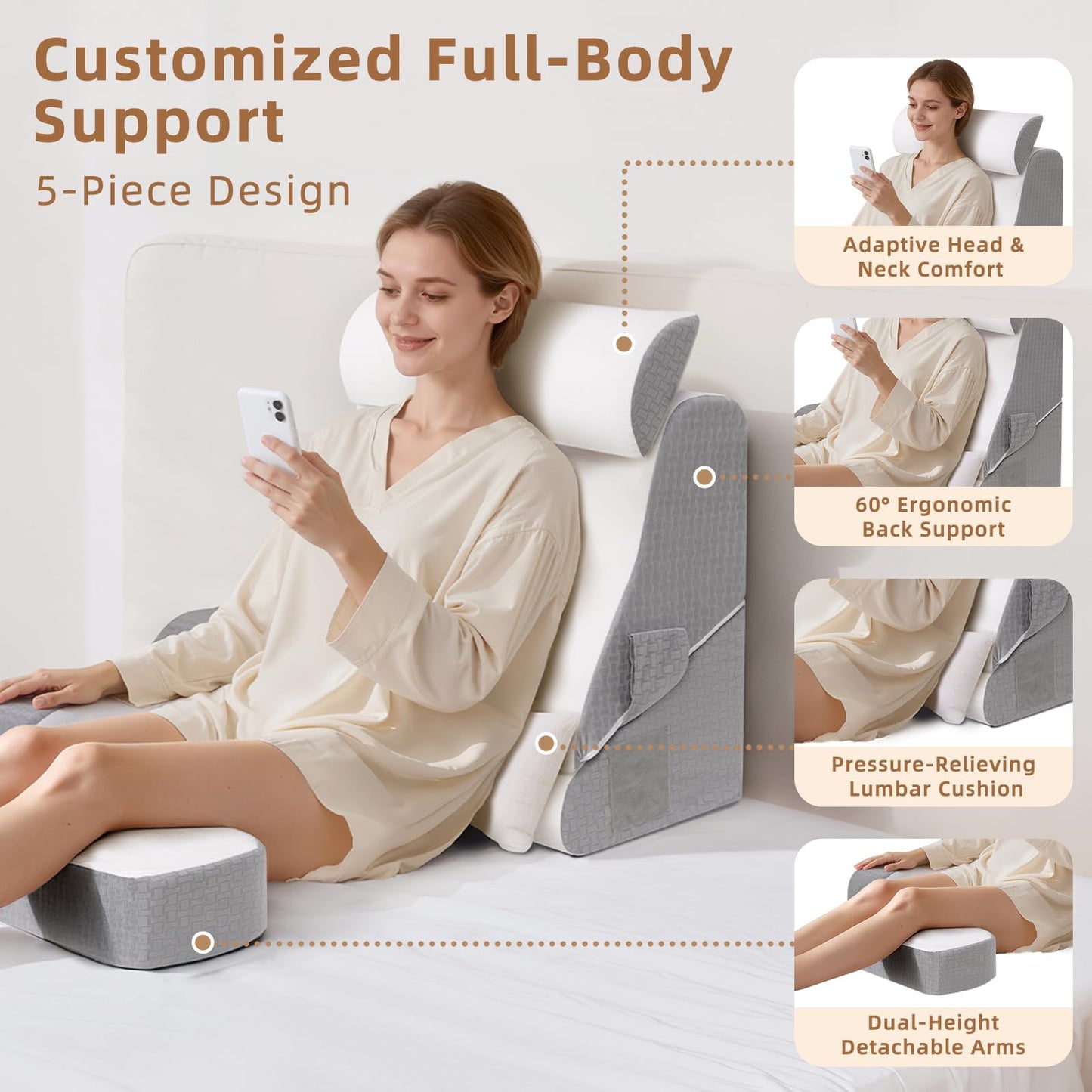 ESUERDO 5PCS Reading Pillow for Sitting in Bed Adult, 2 in 1 Foldable Back Wedge Pillow for Sleep, Ergonomic Back Support Pillow with Arms for Watching TV, Gaming, Working, Recovery, 19” White/Grey
