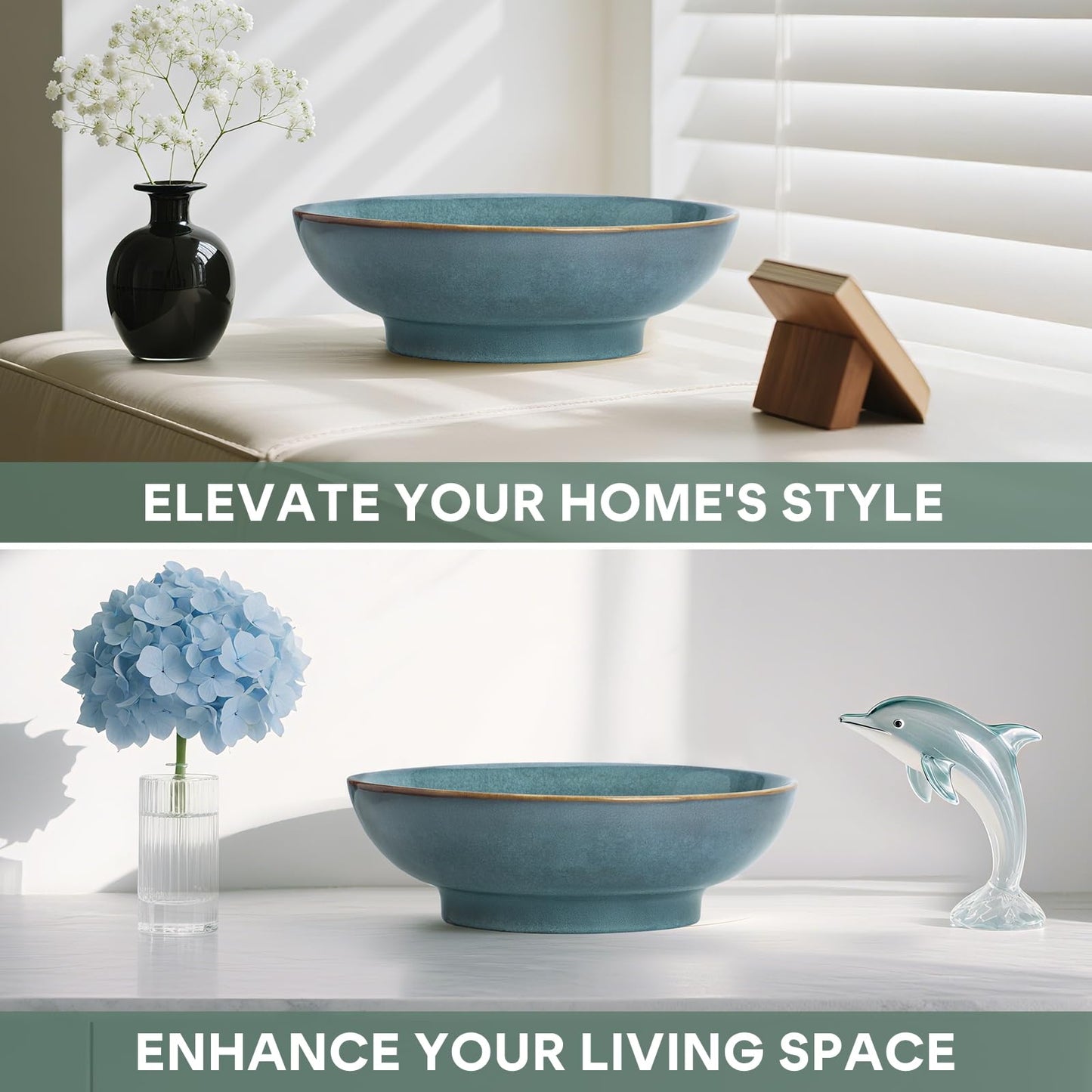 MUUBOOX 10" Decorative Bowl,Ceramic Fruit Bowl for Kitchen Counter,Coffee Table, Dining Room,Table Centerpiece Bowel,Entryway Key Holder & Jewelry Organizer (Ocean Blue)