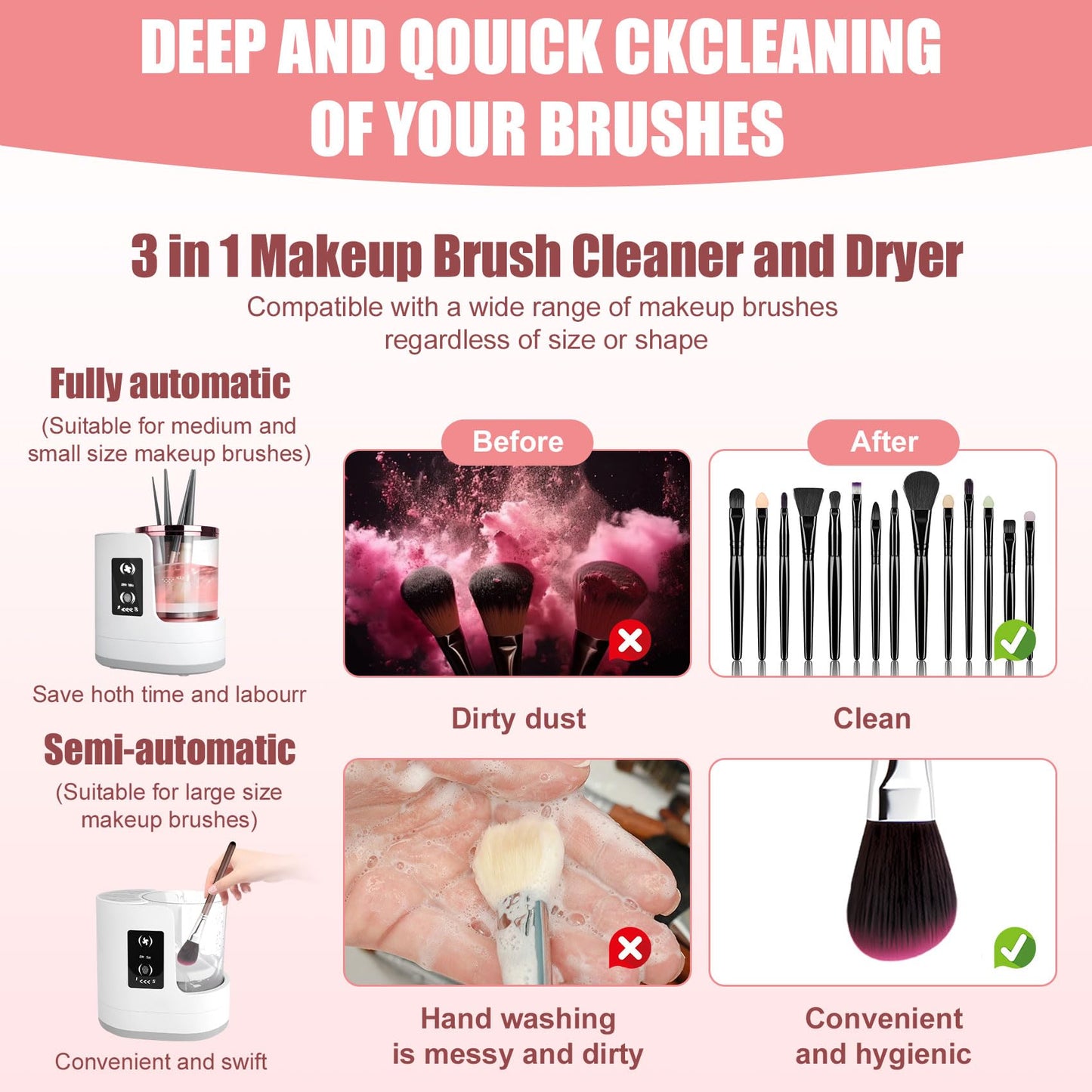 3 IN 1 Makeup Brush Cleaner machine Machine With Make up Brush Dryer- USB Electric Makeup Brush Cleaner. Automatic Washer Cosmetic Brushes Cleaner Tool for All Size Beauty Blender Brush Set, Contour