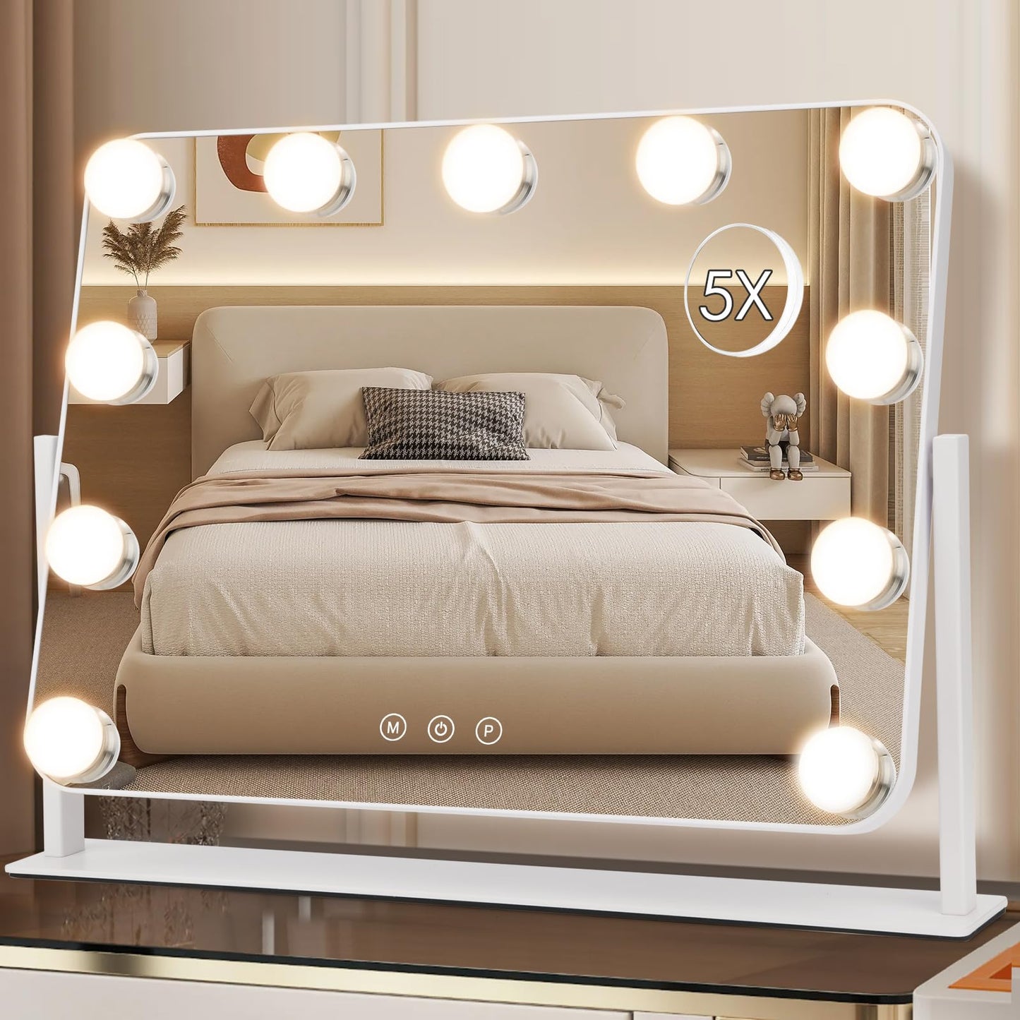 DenCert 360° Vanity Mirror with Lights 11 Led Bulbs Hollywood Lighted Makeup Mirror with 5X Magnification Mirror Hollywood Cosmetic Mirror Tabletop Makeup Mirror with 3 Lighting Modes 16x13 Inch