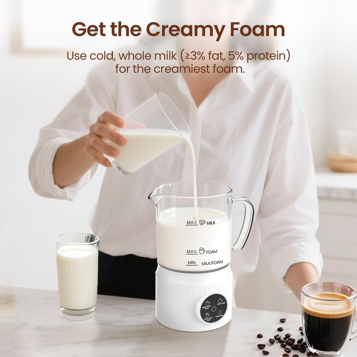 Casimhu 4-in-1 Milk Frother, Electric Milk Frother and Steamer with LED Touch Screen, Ceramic Lining Bottom, Milk Warmer 13.52oz for Lattes, Cappuccinos, and Macchiatos at Home (White)