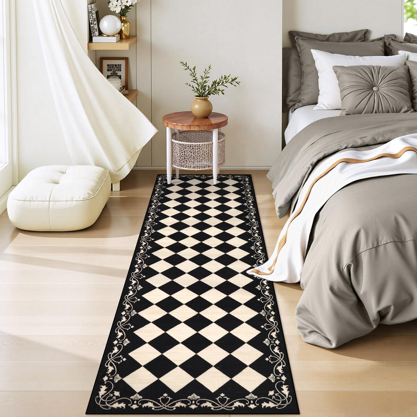 Beeiva Checkered Black Runner Rug for Hallway 2.5x8, Washable Runner for Entryway Bathroom Ultra Thin Non Slip, Moroccan Stain Resistant Print Kitchen Rug 8ft, Plaid Carpet for Besides Laundry Decor