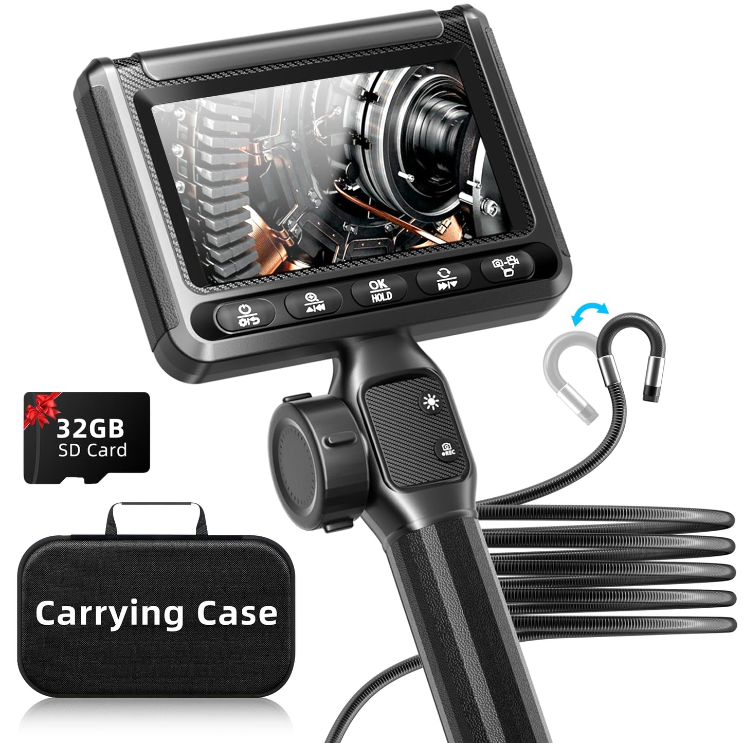 Two-Way Articulating Borescope with Light, UJOYOK Industrial Endoscope with Snake Scope Camera, Borescope Inspection Camera with Light for Automotive & Aircraft Mechanics, 5.5FT